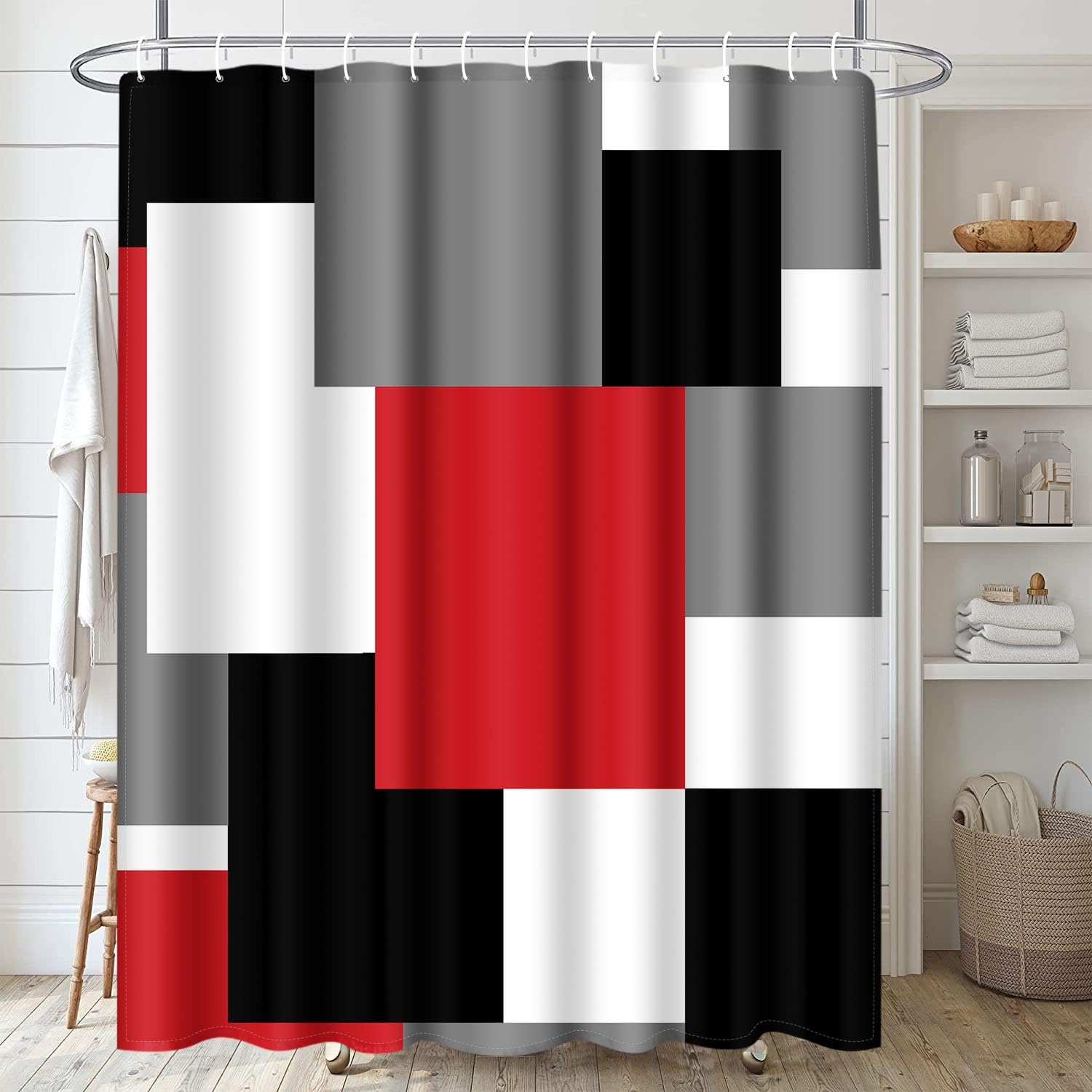ArtSocket Geometric Red Bathroom Set with Shower Curtain and Rugs Accessories, Black and Gray Modern Shower Curtain, Red Bathroom Decor 4 Pcs