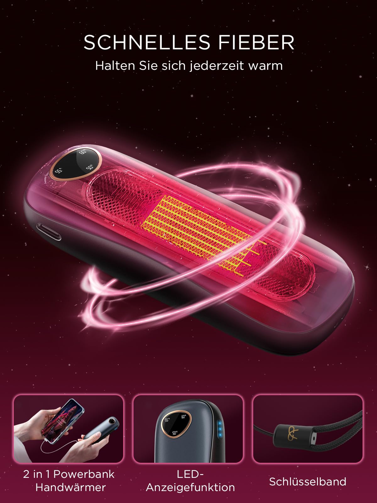 Ogrzewacz do rąk do wielokrotnego ładowania 【Pudełko prezentowe】 10000 mAh, Funme 2-pak ogrzewaczy do rąk USB wielokrotnego użytku, z powerbankiem, 3 poziomy ciepła, maksymalnie 60°C, przenośne