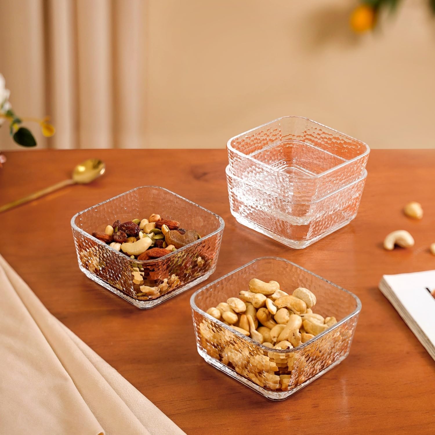 Nestasia Square Glass Bowls Set of 4 (300 ml Each) | Transparent Hammer - Textured Katori for Dessert & Ice Cream | Microwave & Dishwasher Safe Snack Bowls - Perfect for Gifting