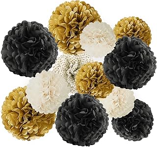Figarge - Adornos de fiesta de boda, 12 pompones de papel de seda negro y dorado para boda, cumpleaños, despedida de soltera, descuento de graduaciones, decoraciones de festival