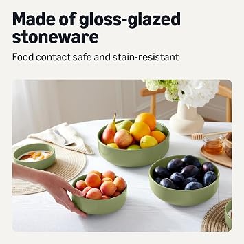 Amazon Basics Glazed Stoneware Serving Bowls, 3-Piece Set, Dishwasher-Safe, Olive