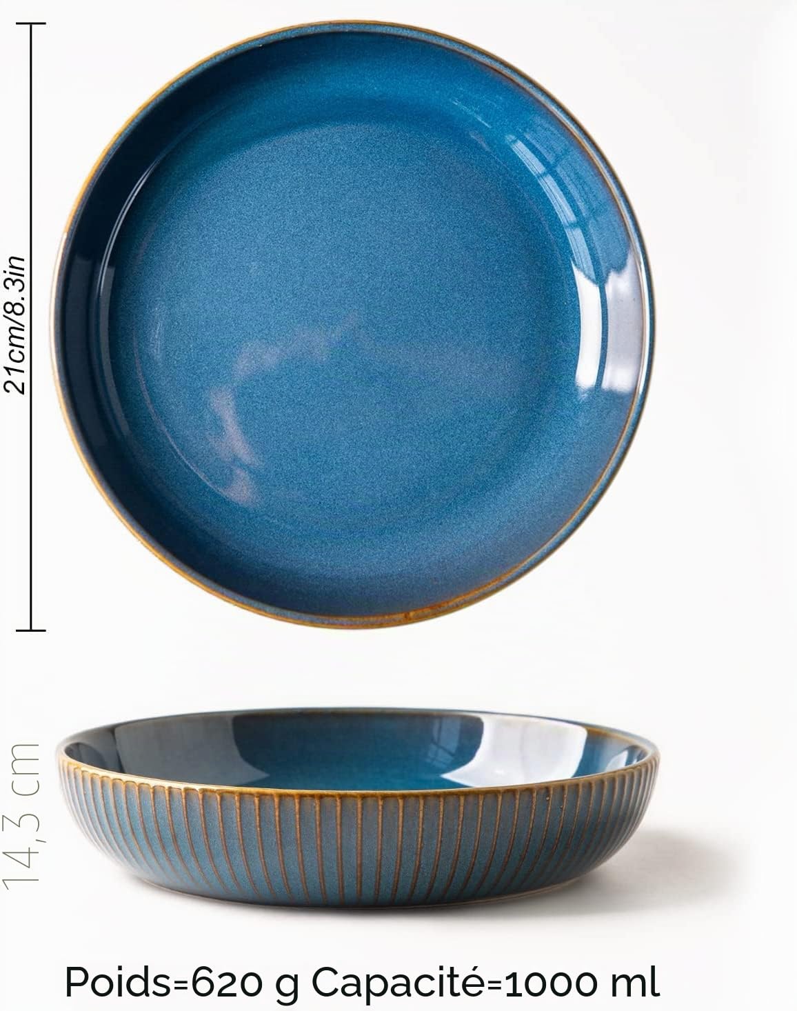 CSYY Assiette à Saladier en Céramique, Lot de 4 Assiette Creuse 21cm assiettes à dîner Cadeau de Fête des Mères bleu