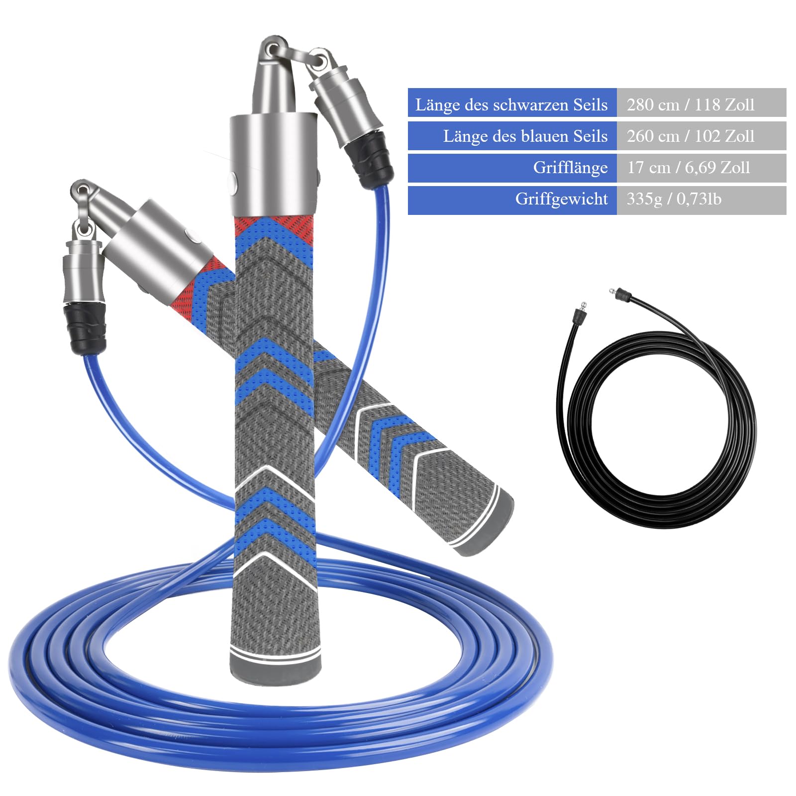 Gewichtetes Springseil für Männer und Frauen mit 279,4 cm und 259,1 cm abriebfestem Kabel, Φ = 6 mm Kreuzseil, Springseil mit Gummigriff, 360-Grad-Drehung, verhedderungsfrei, geeignet für Fitness