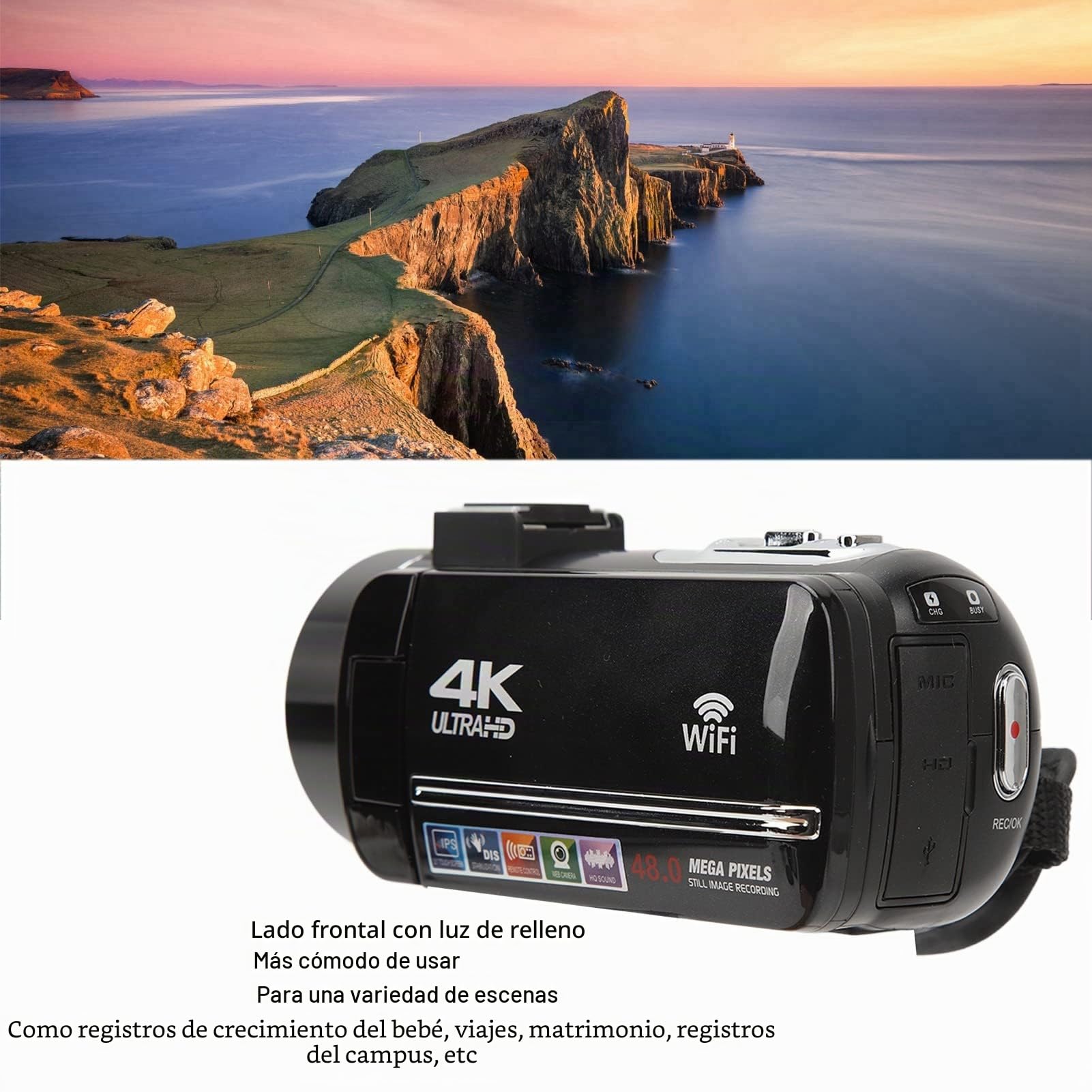 Videocámara Videocámara, HD 4K Cámara Digital Grabadora 48MP 18X Zoom Digital 3.0in Pantalla Táctil WiFi Vlogging Cámara con Control Remoto, Batería de 1500mAh