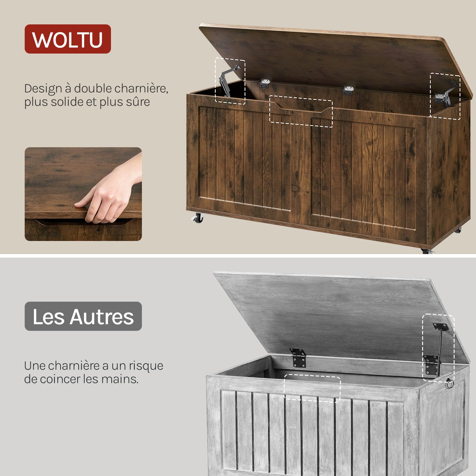 WOLTU Banc de Rangement à roulettes, 100 x 50,5 x 40 cm, Coffre de Rangement avec Couvercle Rabattable à Charnières, pour Chambre, Entrée, Salon, Brun Rustique