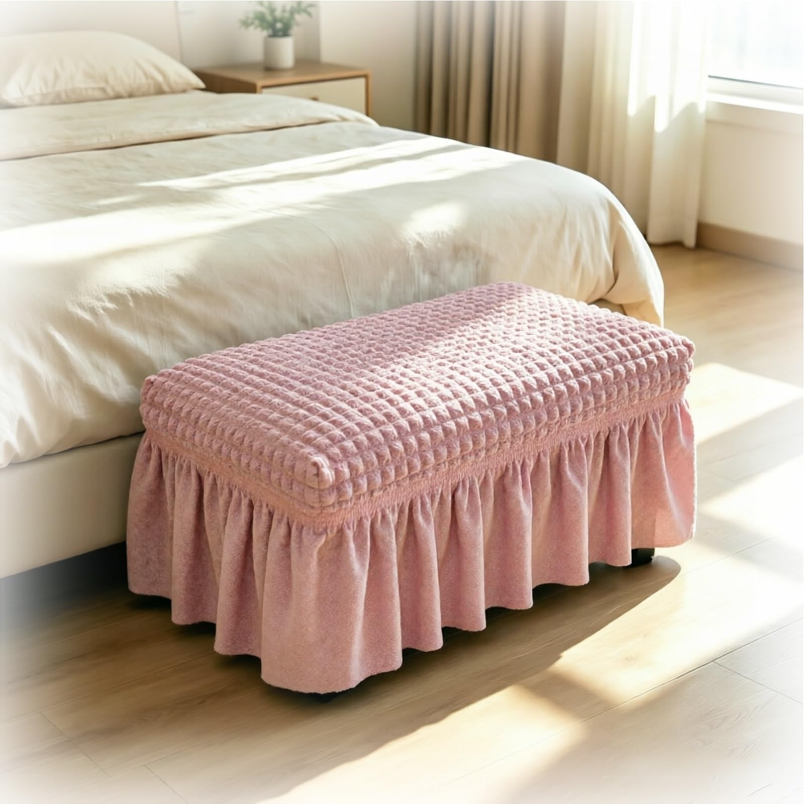 Housse ottomane rose pour sublimer le banc de votre salon cocooning
