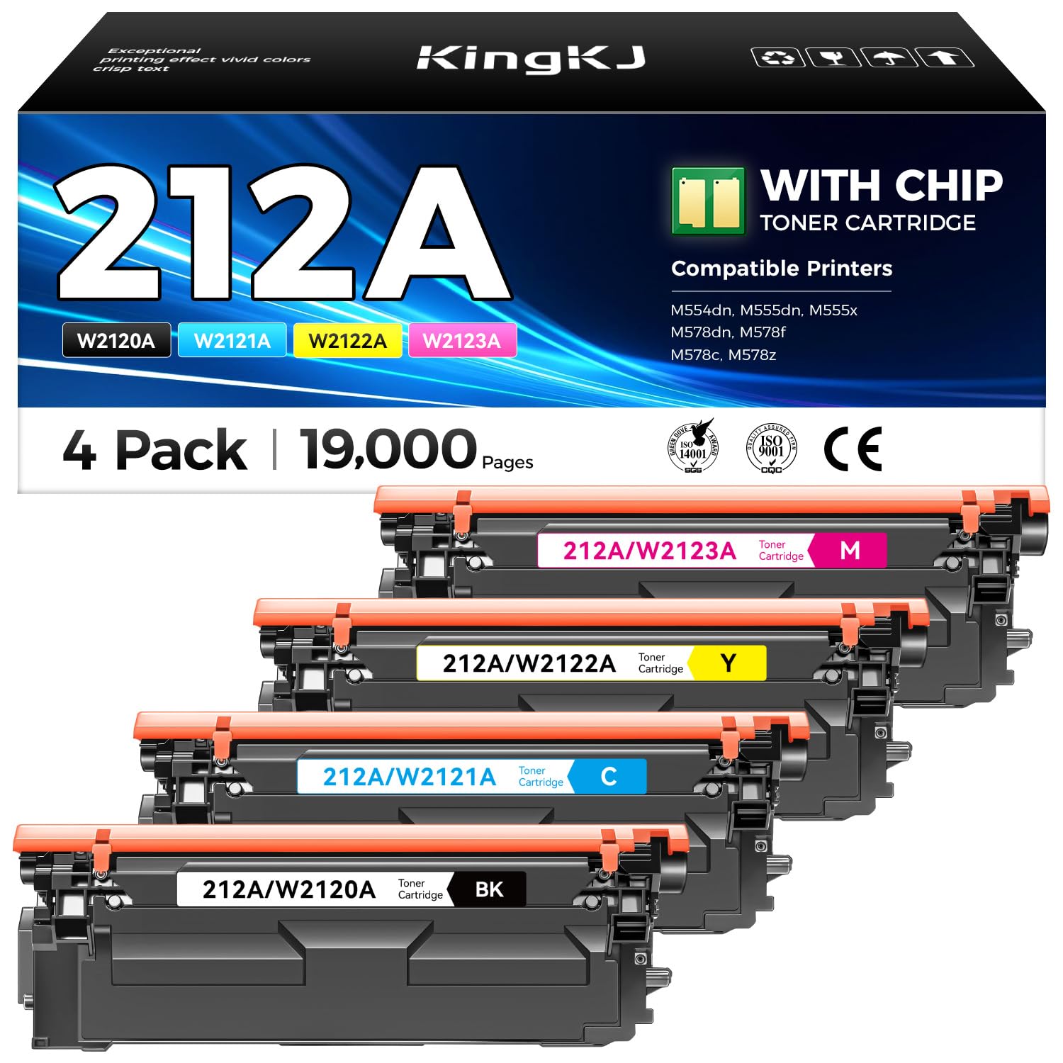 212A Toner Cartridges 4-Pack with Chip Compatible for HP 212A W2120A 212X W2120X Color Laserjet Enterprise MFP M578c M578z M554dn M555dn M555x M578dn M578f M555 M554 M578 Printer Ink All-in-One Black