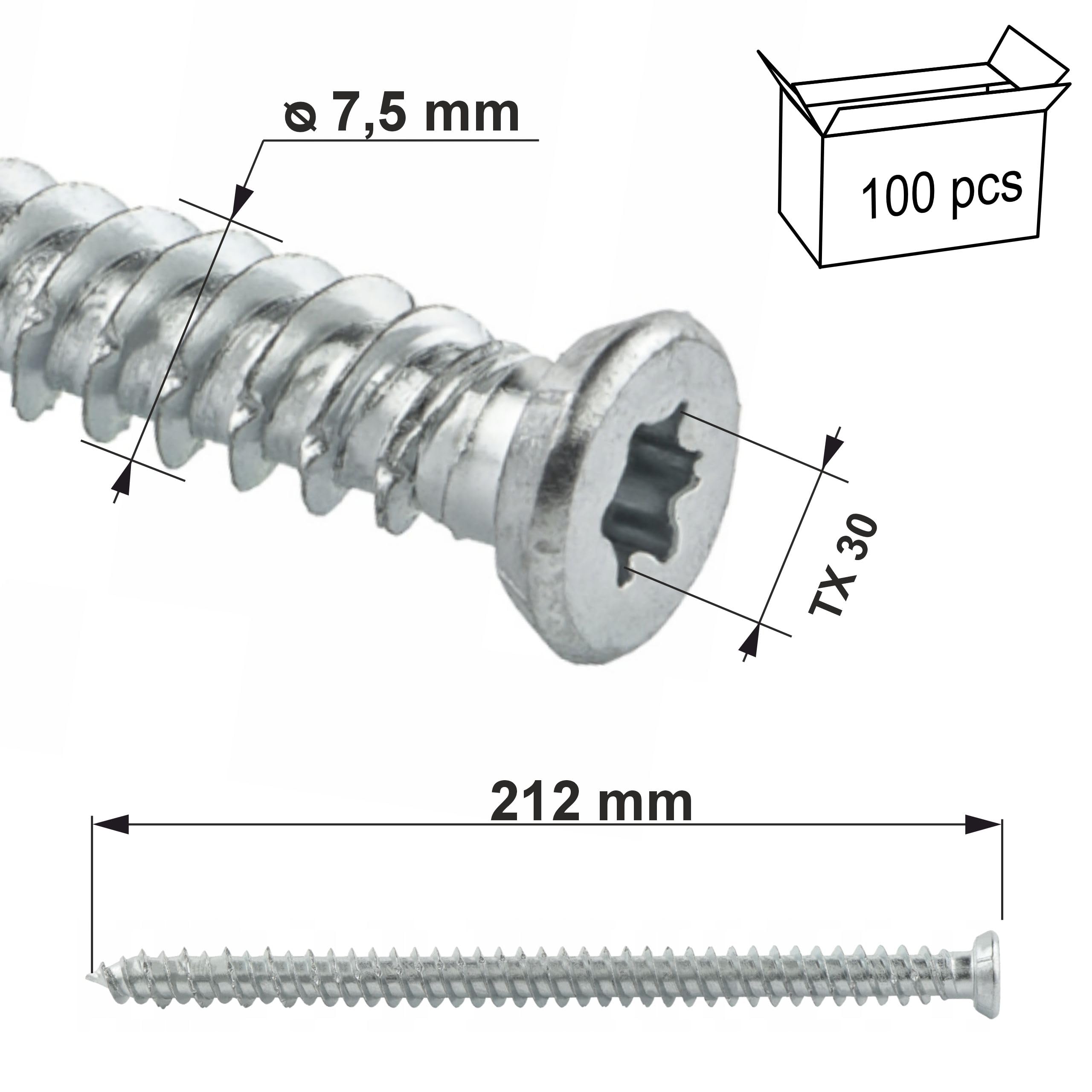 KLIMAS Tornillos para marcos de ventanas, tornillos de pared, cabeza cilíndrica, cabeza avellanada TX (7,5 x 212 mm, 100 unidades, cabeza avellanada)