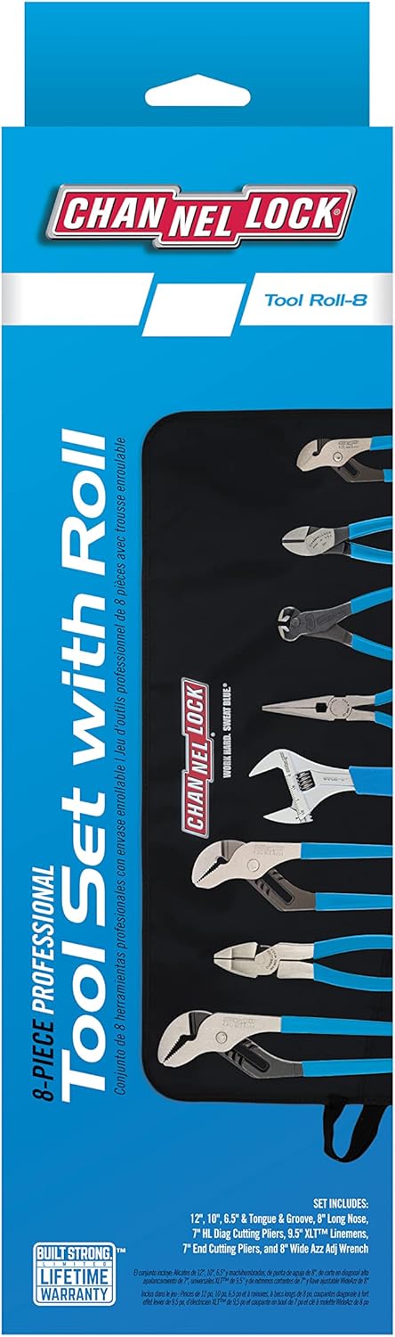 CHANNELLOCK TOOL ROLL-8 8-Piece Professional Tool Set with Tool Roll, Includes Straight Jaw Tongue & Groove, Linemen's, Cutting, and Long Nose Pliers, 1 Adjustable Wrench and Tool Roll