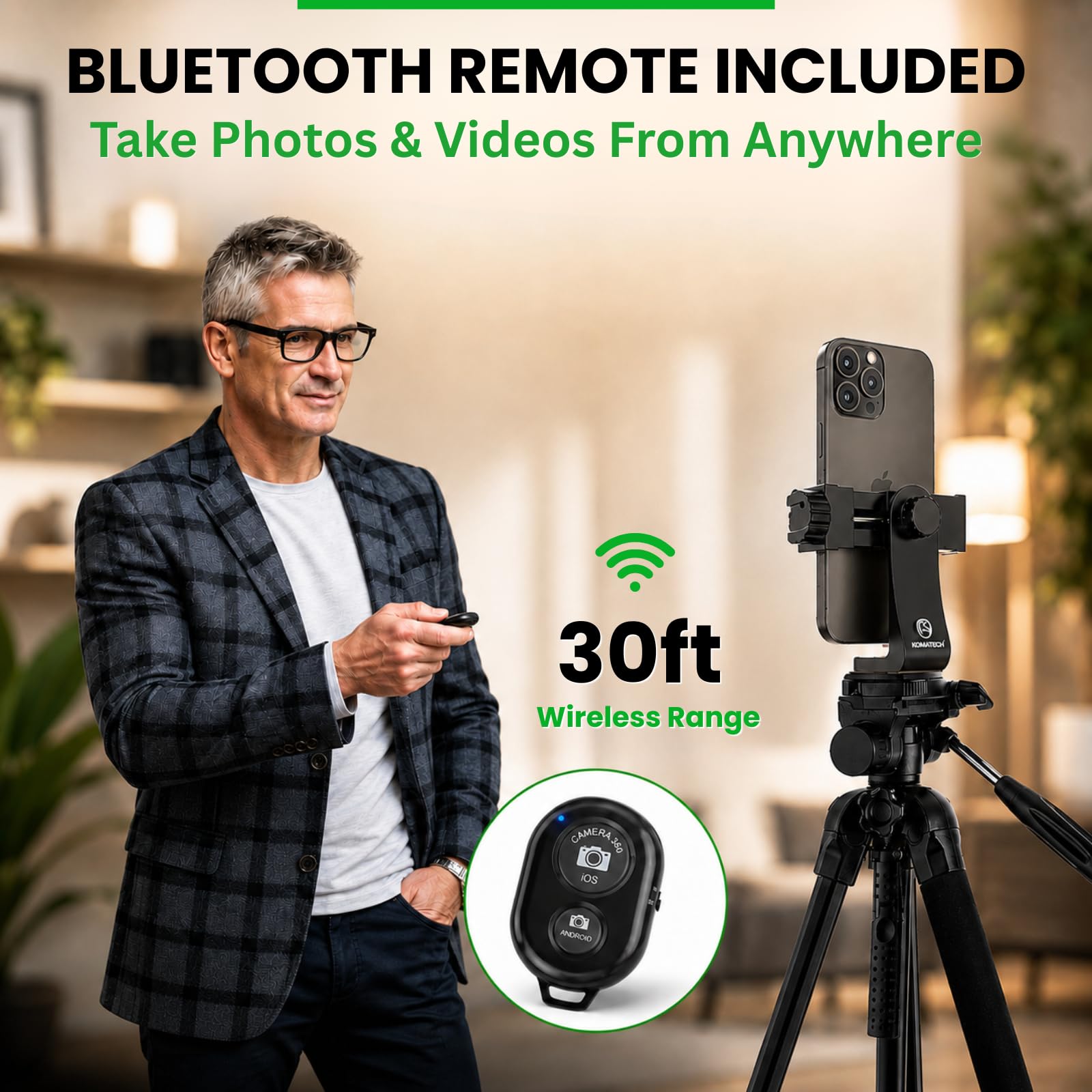 KobraTech Supporto Smartphone Treppiede - UniMount 360 Adattatore Smartphone Treppiede con Otturatore Remoto Bluetooth