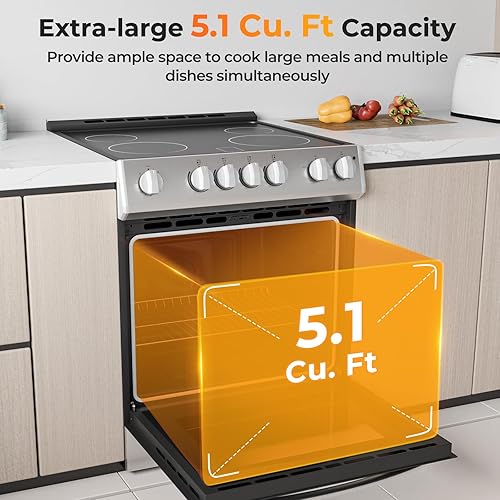 Miniatura 2 de COSTWAY Cocina eléctrica independiente de 30 pulgadas con 4 quemadores de cerámica, capacidad de 5.1 pies cúbicos, horno de convección de acero