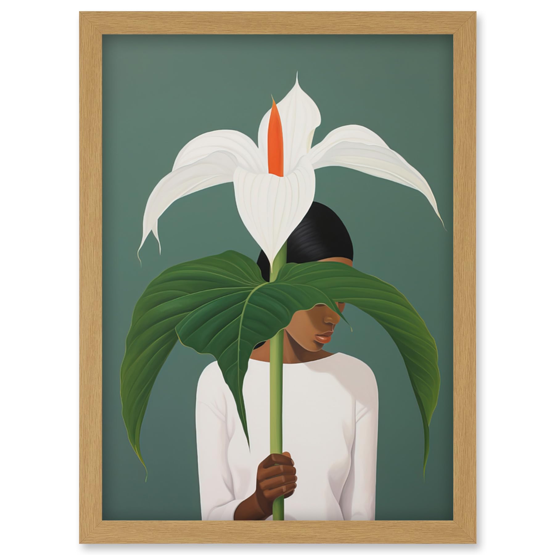 Artery8 Giant Peace Lily Showcase Realistic Oil Painting White Teal Green Woman with Flower Minimalist Artwork Framed Wall Art Print A4