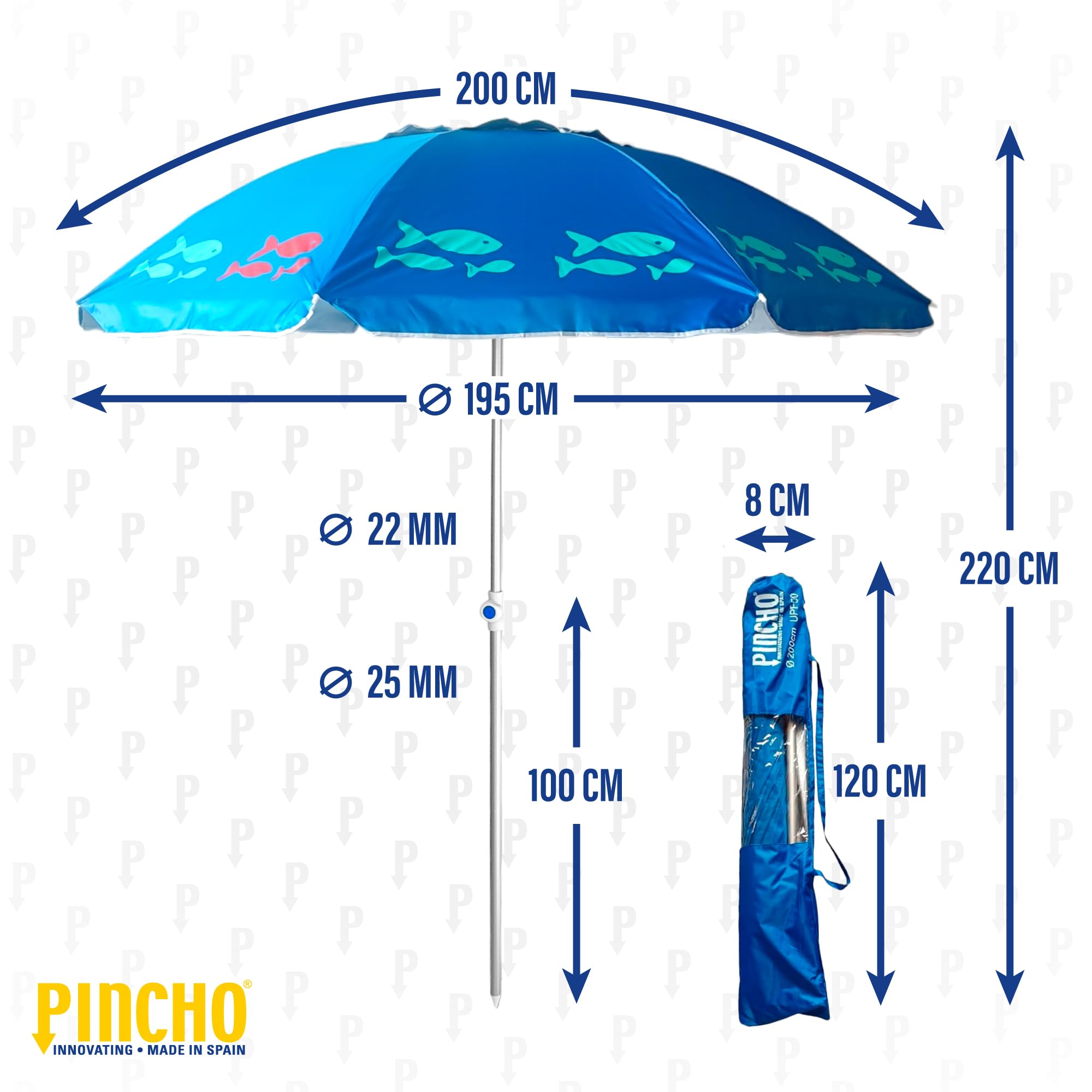 Pincho Ombrellone Da Spiaggia 200 Cm – Antivento, UPF50, Aste In Fibra Di Vetro, Tubo Alluminio, Reclinabile