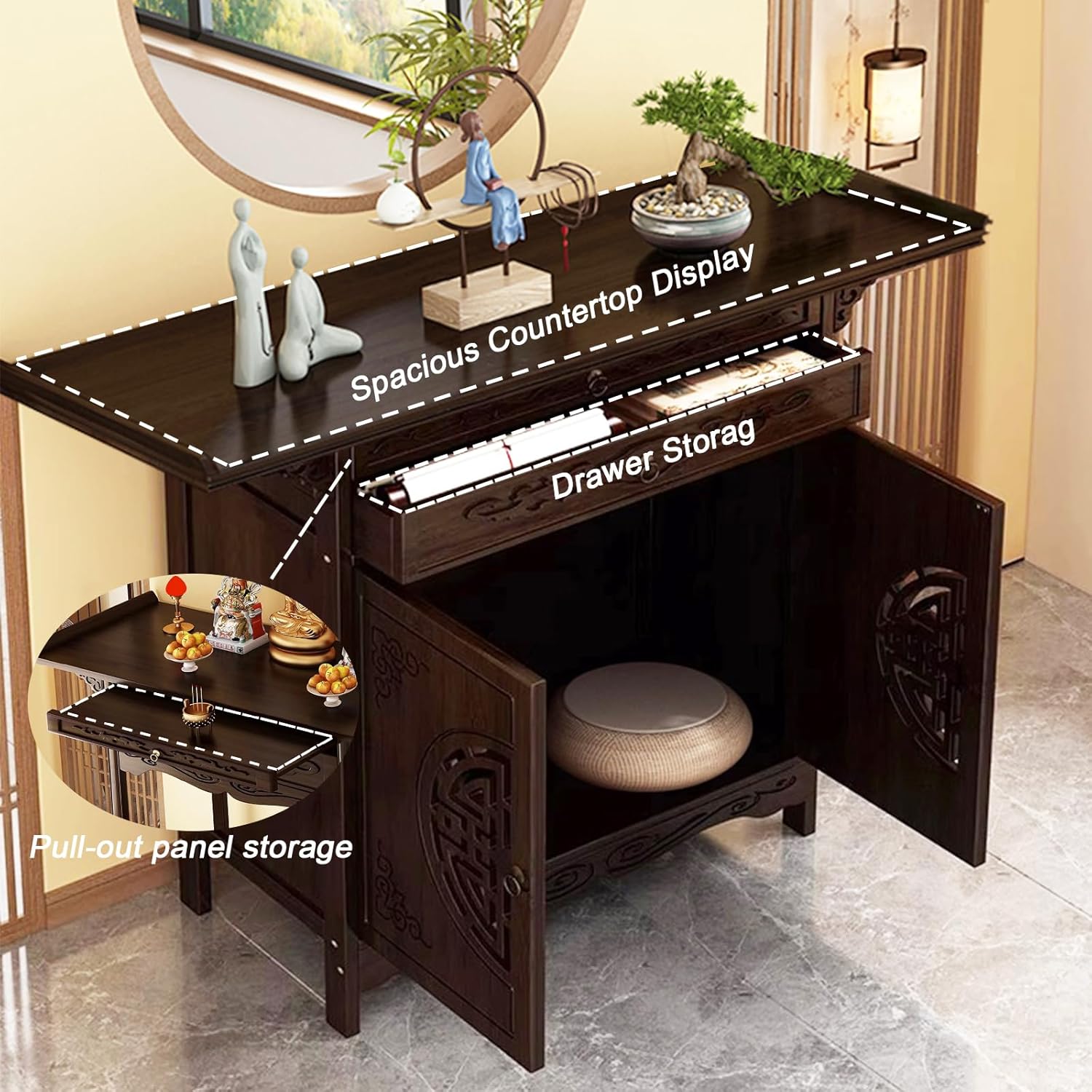 Chinese Buddhist Cabinet, Buddhist Prayer Altar Table with Storage, Bamboo Personal Shrine Altar Table for Meditation Prayer, Buddhist Shelf for Home Entryway with Drawers