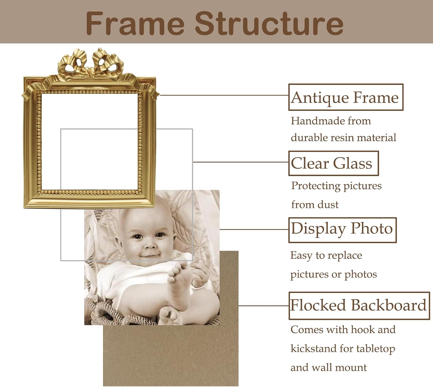 Vintage Picture Frames 3.5x3.5 Ornate Wallet Size Square Small Gold Picture Frames for Tabletop and Wall Mount Retro Home Decor Antique Wall Decor with Embossed Bead and Bow image 5
