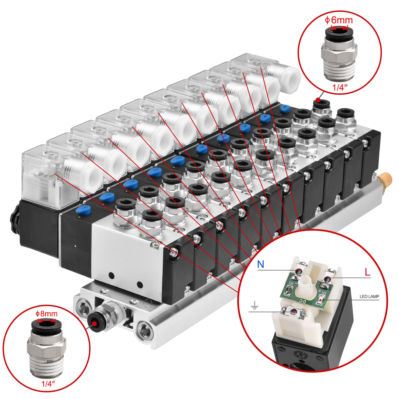 Heschen Válvula solenoide de colector de 10 espacios, 4V210-08, 24VAC, puerto PT1/4 pulgadas, 5 vías 2 posiciones, con silenciador base juego de accesorios rápidos