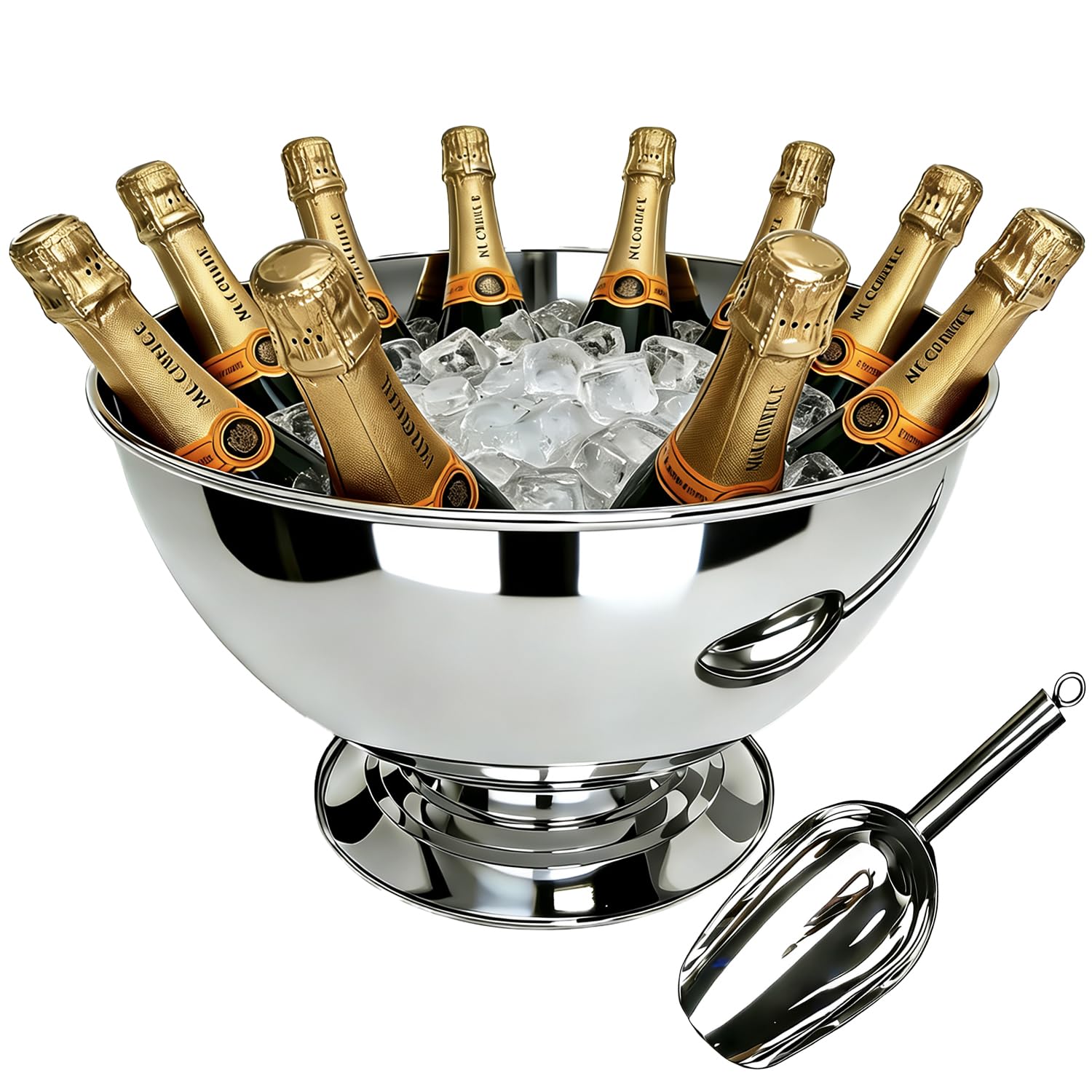 Stainless Steel Champagne Bucket with Scoop, 15.3" Large Capacity Ice Bucket with Detachable Base, Mirror Polished Inside & Out, Heavy Duty Wine Chiller Bowel for 8 Bottles Parties, Weddings
