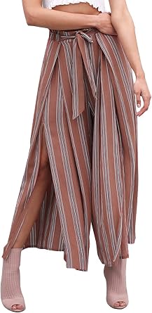 Simplee Womens Elegant Striped Split High Waisted Belted Flowy Wide Leg Pants, Rust Red Stripe, 4/6, Small