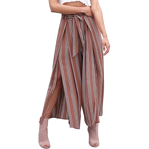 Simplee Women's Elegant Striped Split High Waisted Belted Flowy Wide Leg Pants with Pockets