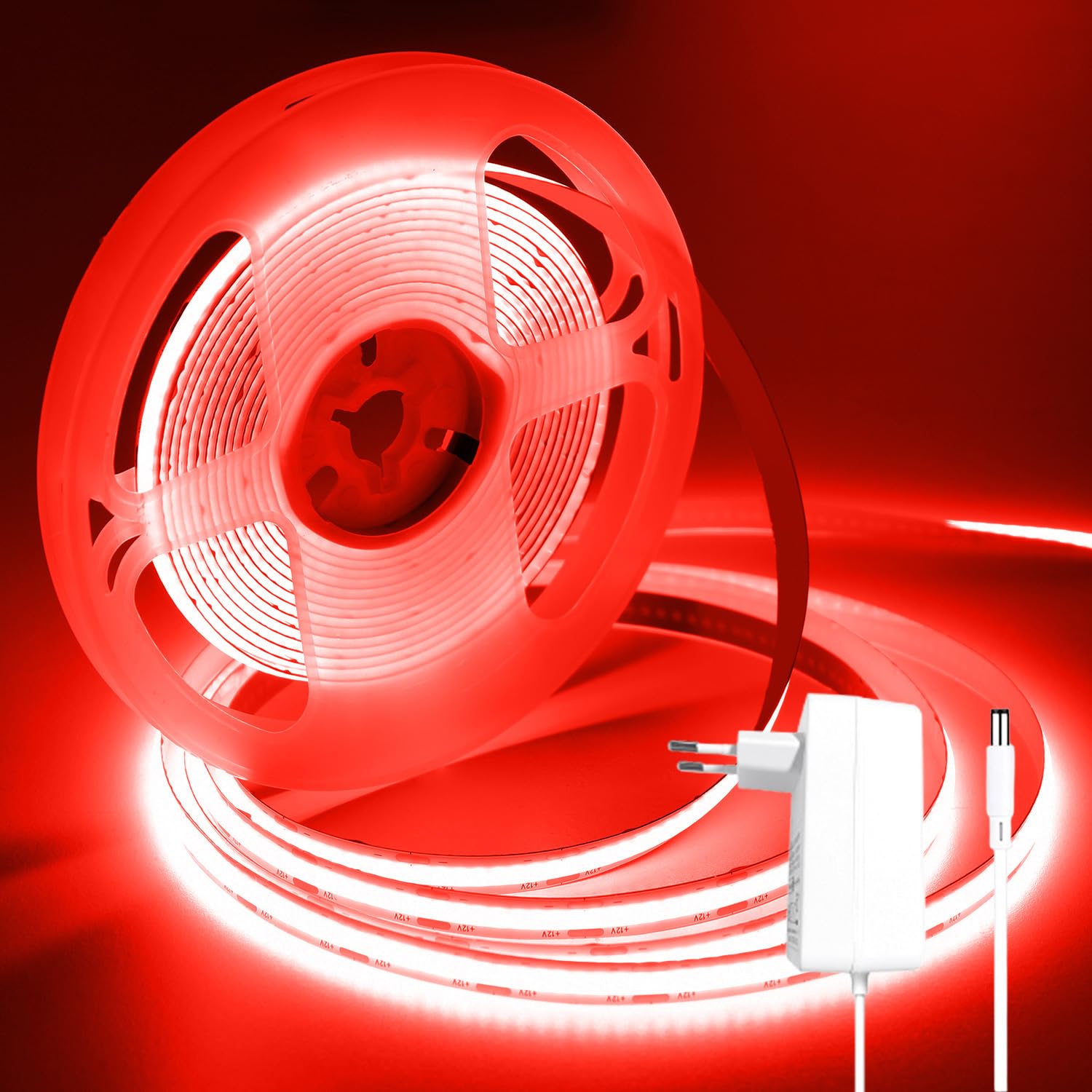 iNextStation COB LED Streifen 5M Rot, DC12V Dimmbar LED Strip Lights mit Netzadapter Flexibel CRI93+ Lichtband Selbstklebend für Schlafzimmer, TV Hintergrundbeleuchtung, Küche