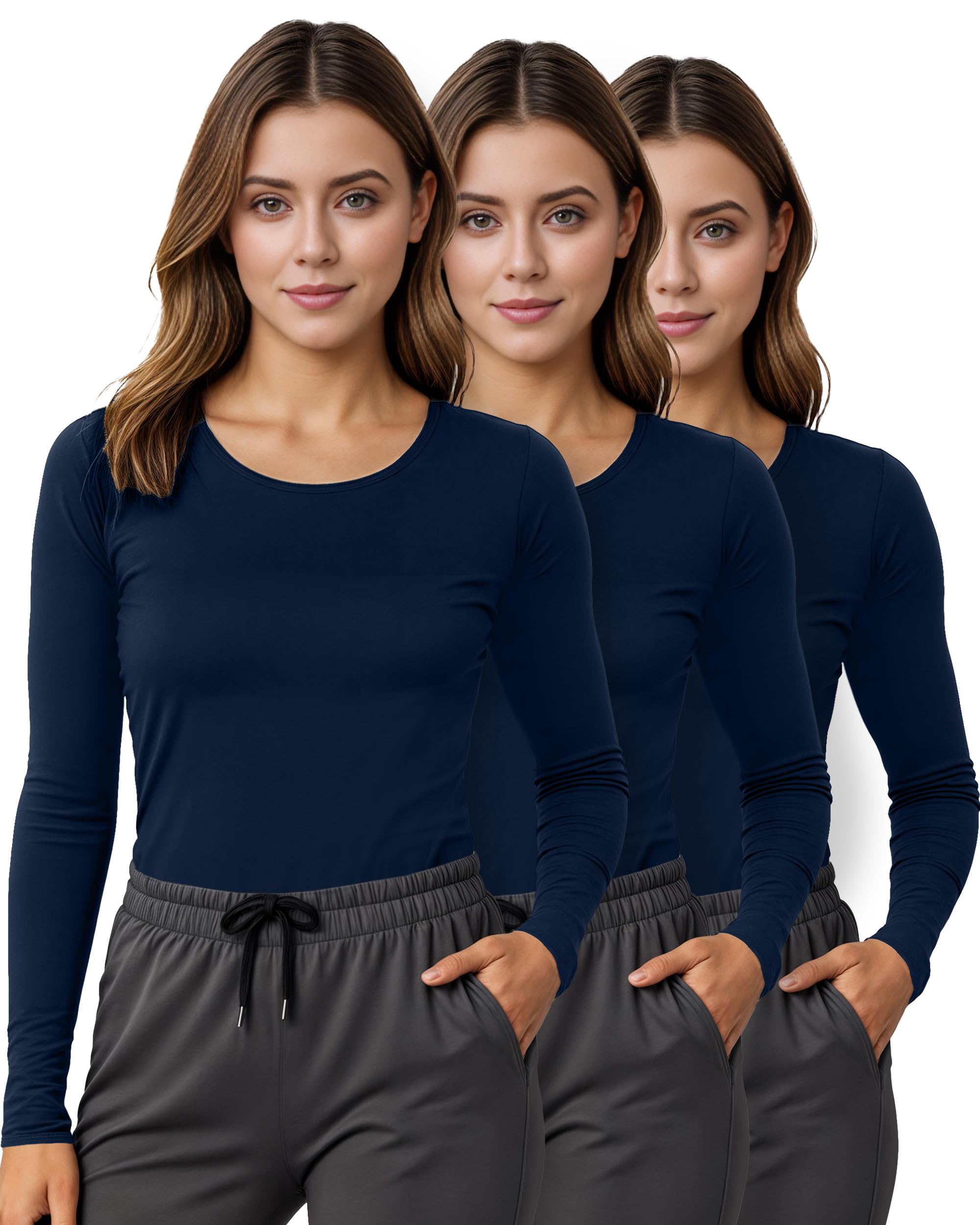 NY Threads Women's Under Scrub Slim Fit Long Sleeve T-Shirt Underscrub Comfort Tee, 3 Pack, Medium, Navy/Navy/Navy