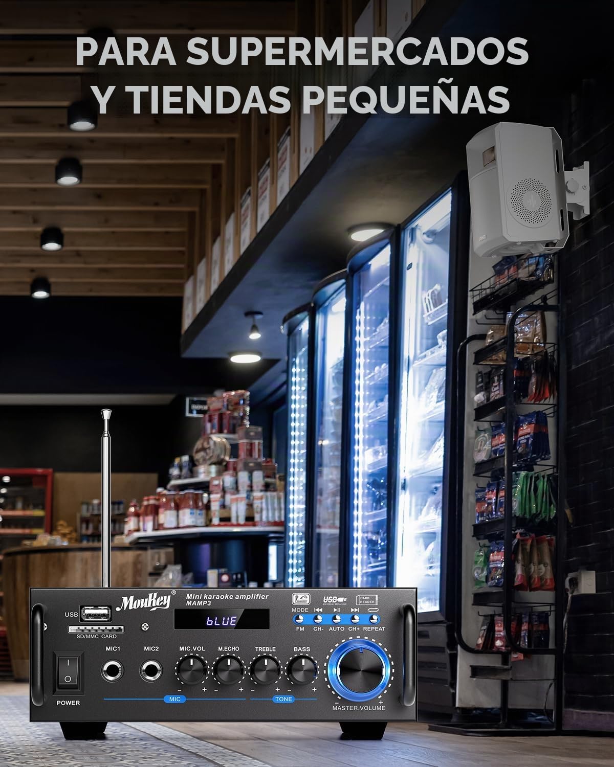 Moukey Amplificador Audio Estéreo 2.0 Canales Receptor, 100W Amplificador Audio Bluetooth 5.0, Amplificador HiFi, Radio FM Portátil, RCA, SD Card/USB Input, para Hogar o Coche, MAMP3