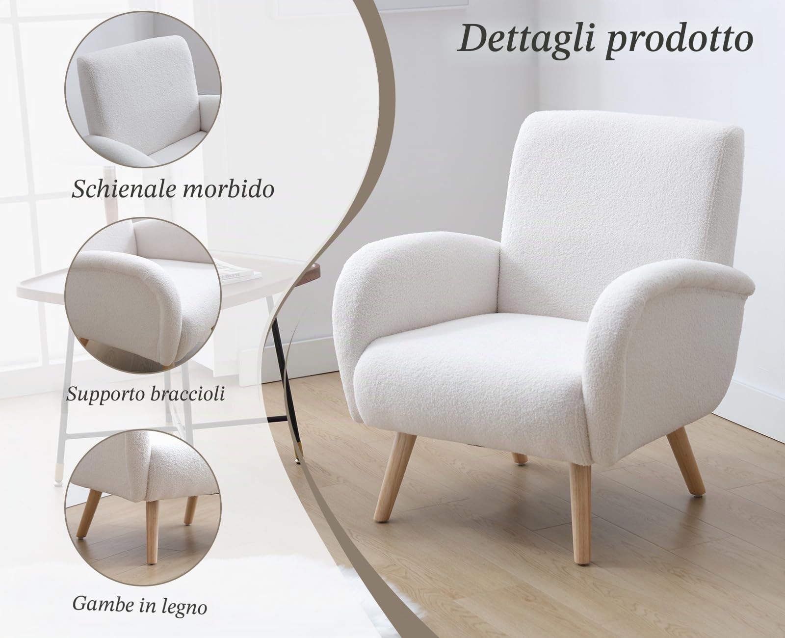 chairus Poltrona da Salotto in Pelliccia Sintetica Poltrone Relax Poltrona da Lettura con Braccioli Poltroncina con Gambe in Legno Poltroncina Imbottita per Soggiorno/Camera da Letto, Bianco