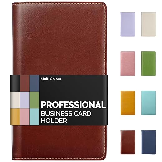 Sooez Leather Professional Business Card Book Holder Organizer, 240 Capacity Credit Card Booklet, PU Name Cards Holder Storage File for Men Women, 7.7"x 4.5" x 0.7", Brown