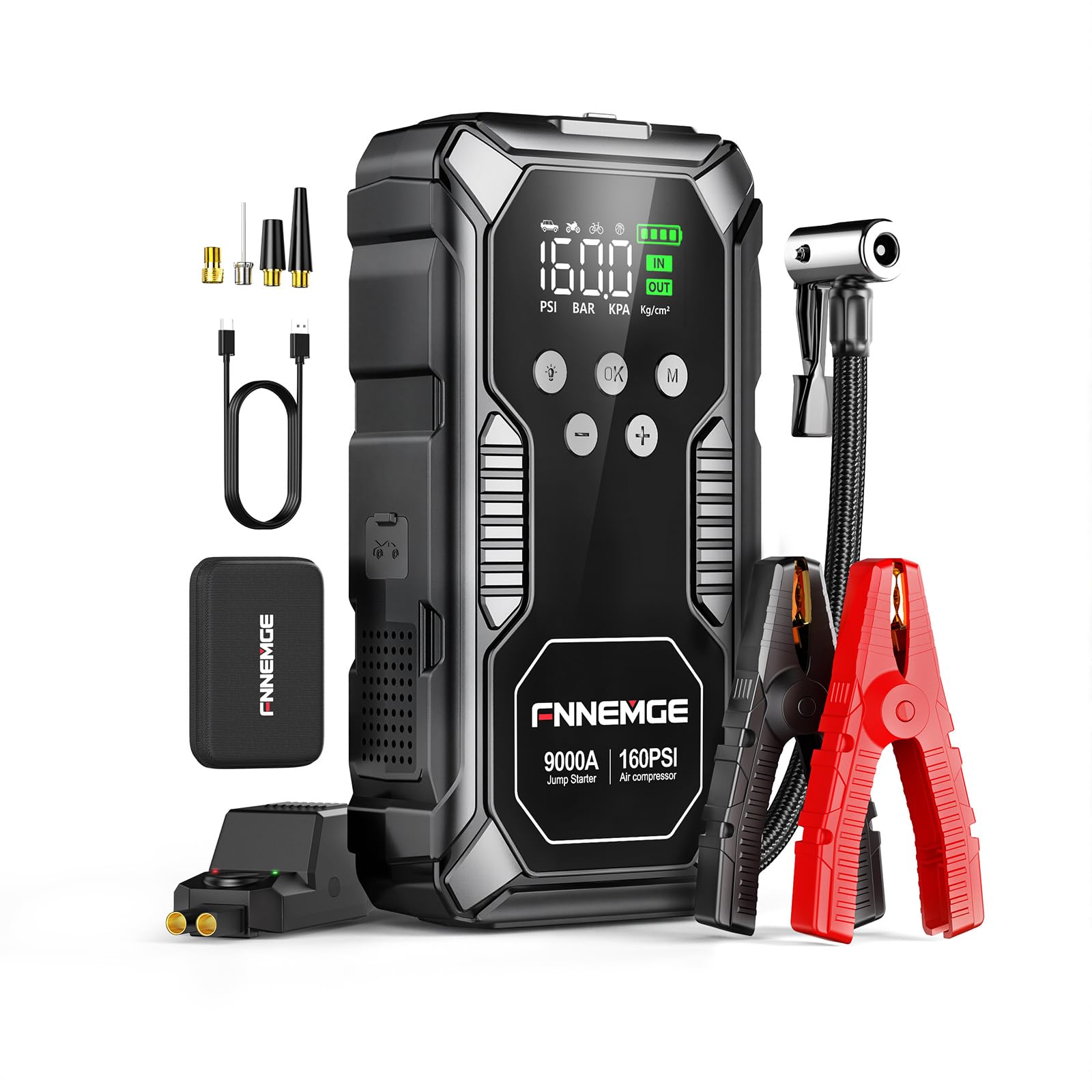 FNNEMGE Arrancador de Coches 9000A 26800mAh con 160PSI Compresor de Aire, Arrancador Batería Coche (para Todos los vehículos de Gasolina o de 12,0L de diésel), con Salida USB, Luz LED, Pantalla HD.