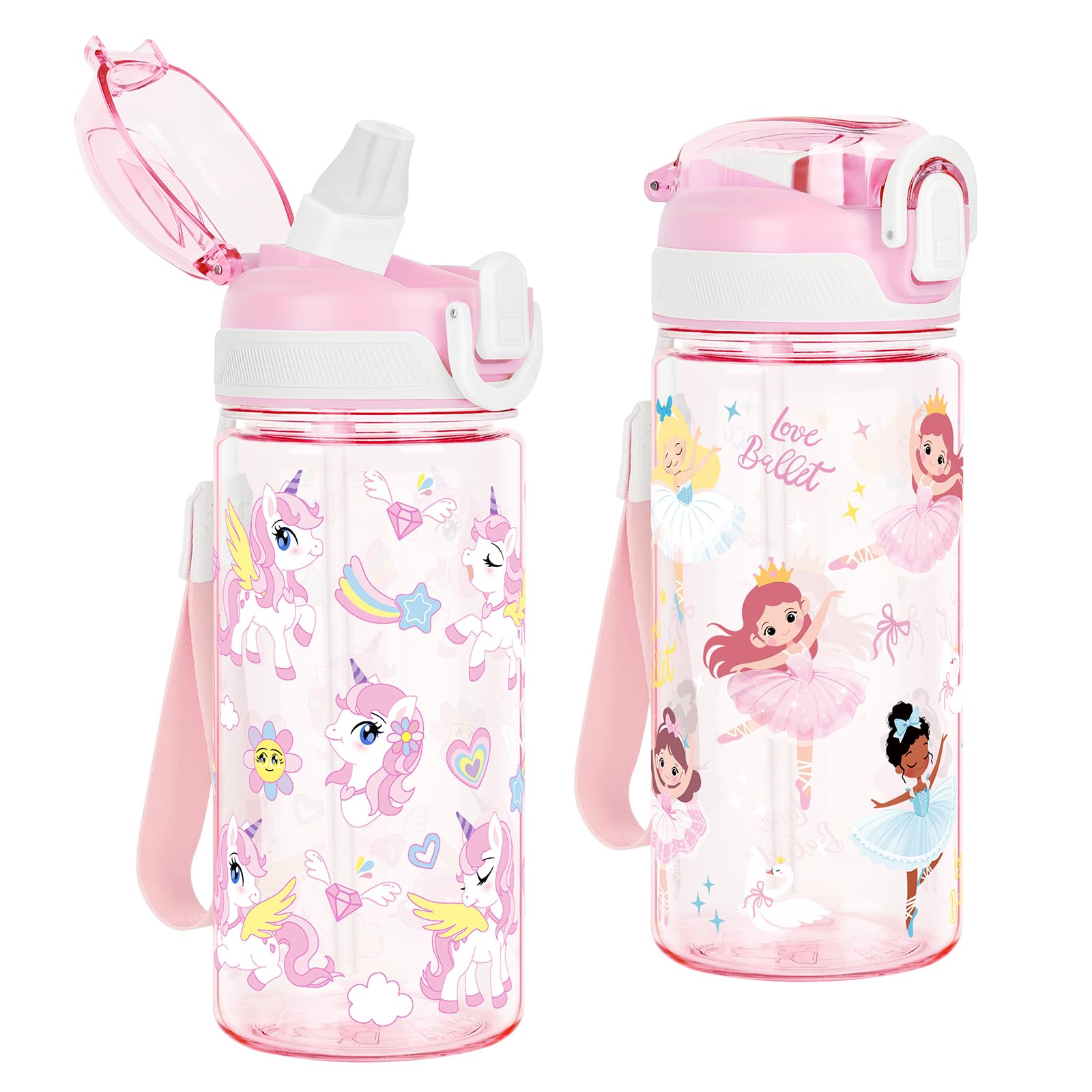 Kids Water Bottles with Straw Tritan 2 Pack 480ML - Ballet & Unicorn