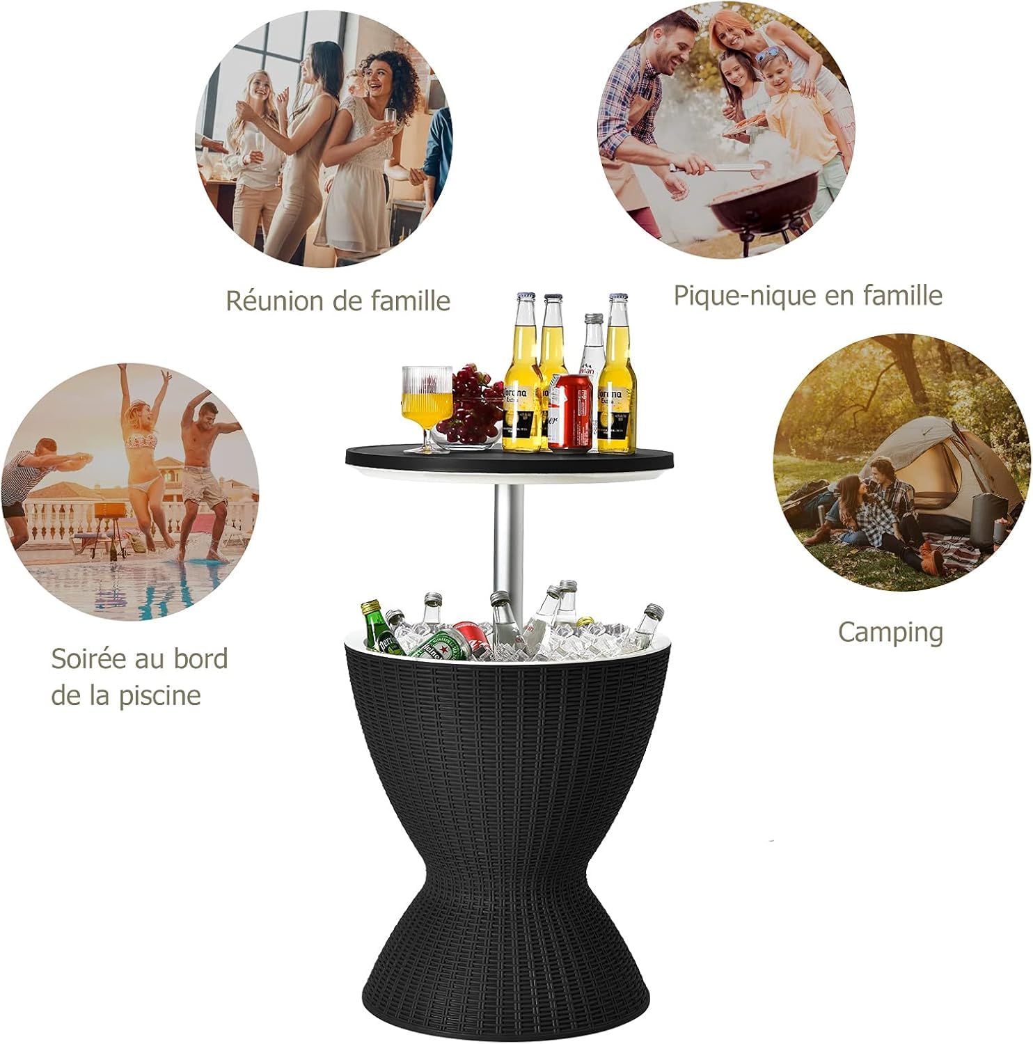 GYMAX Table Glacière 2-en-1, Seau à Glace 30L avec Table Élévatrice, Table Basse Extérieur Jardin Piscine Terrasse Noir