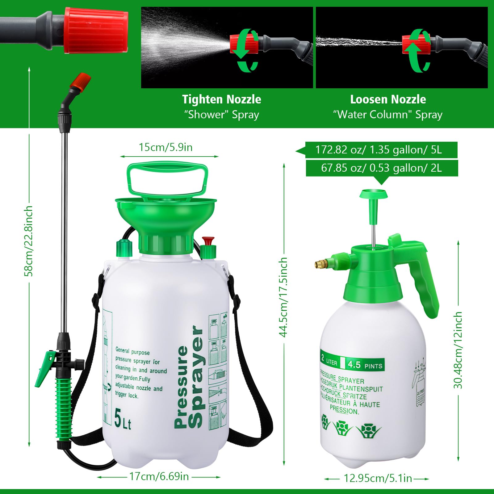 Tioncy Paquete de 2 pulverizadores de presión de bomba de 1.35 galones y pulverizador de bomba de jardín de mano de 0.53 galones con boquilla de latón ajustable, botella de pulverización de agua para
