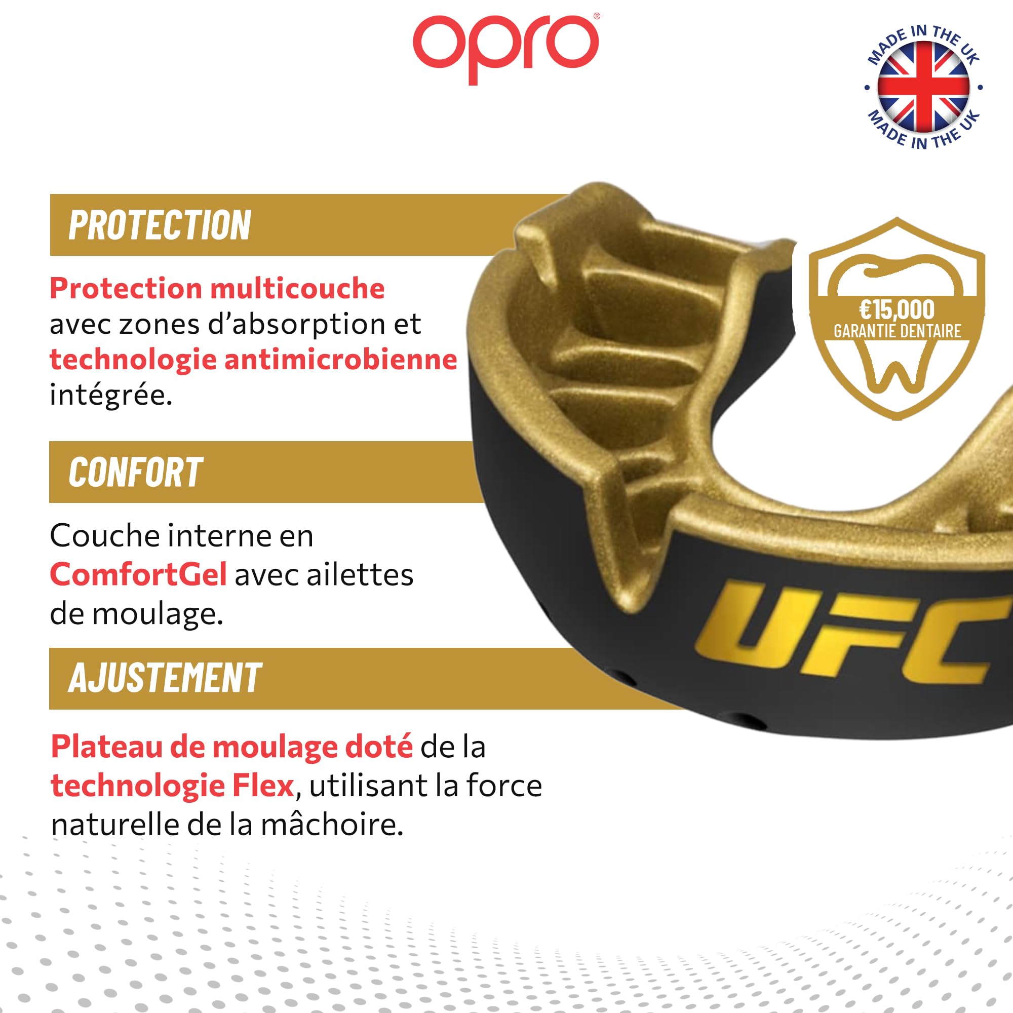 OPRO Protège-dents Niveau Or – Ajustement Premium – Boxe, MMA, Rugby, Hockey – Adultes et Enfants – Facile à Mouler Soi-Même – Garantie Dentaire Incluse