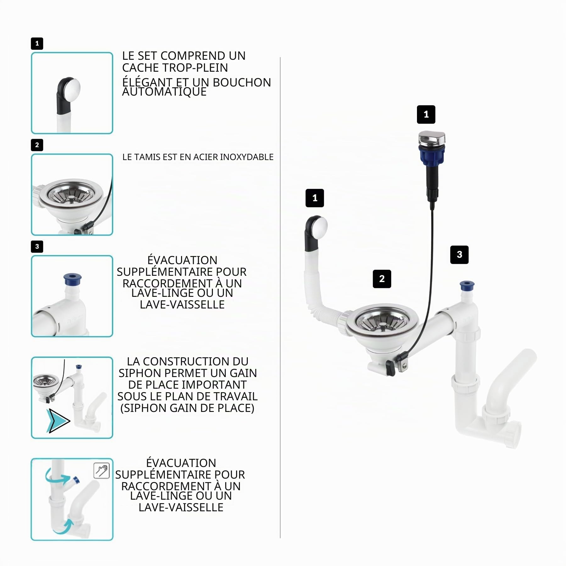 GRANMASTER Siphon automatique à 1 chambre peu encombrant avec trop-plein – Bonde pour évier – Raccordement sur la partie inférieure : panier à tamis 1 1/2" Valve excentrique 3 1/2" 30 x 25 x 35 cm