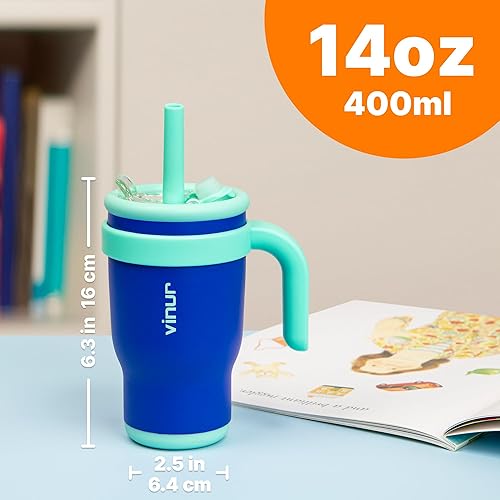 Miniatura 4 de VINUR Vaso aislado con asa para niños, de acero inoxidable, doble pared, al vacío, con tapa y popote (azul marino)