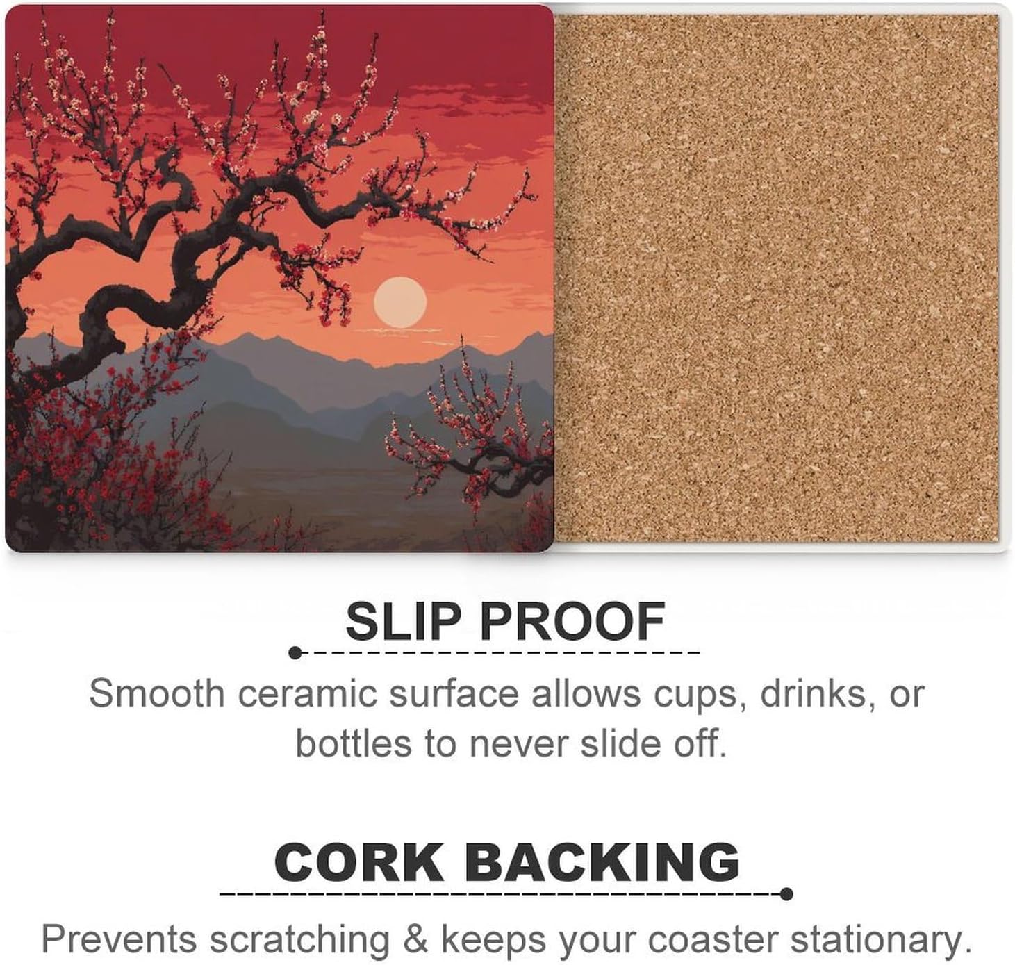 Plum Tree Floral Coaster for Drinks Square Ceramic Table Coasters Stone Mat Crafts 6PCS Home Kitchen Decor