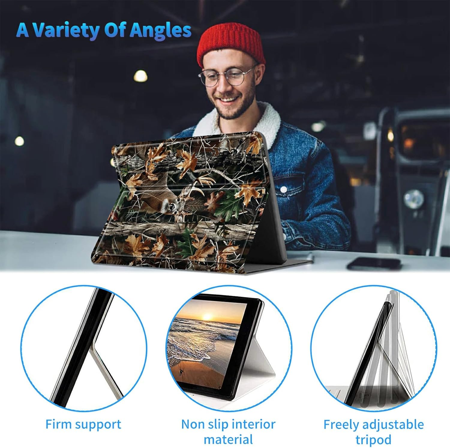 Slim Case for All-New 6" Kindle (11th Gen, 2024/2022 Release E-Reader) + 1 Screen Clean Pad, Multi-Angle Kickstand Cover with Auto Wake/Sleep Case, Camo Tree Deer
