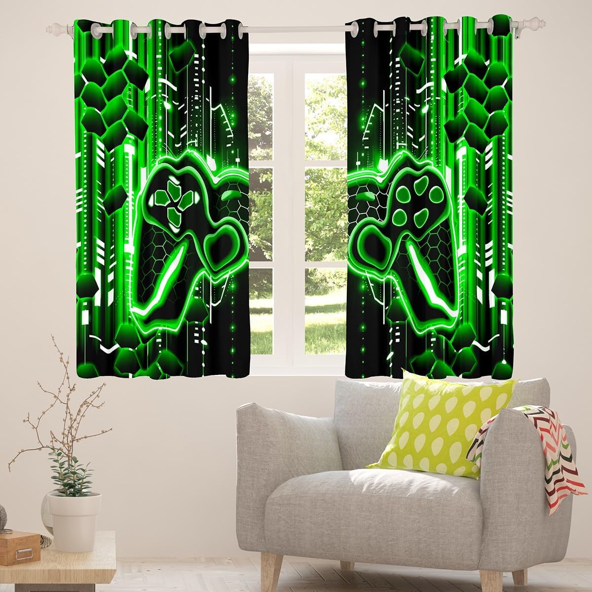 Feelyou Kids Green Black Gamer Blackout Curtains Gaming Window Curtains Game Room Decor Darkening Drapes Boys Girls Gamepad Teens Window Treatments Bedroom Decor (2 Panels, 42 x 90 Inch) image 5
