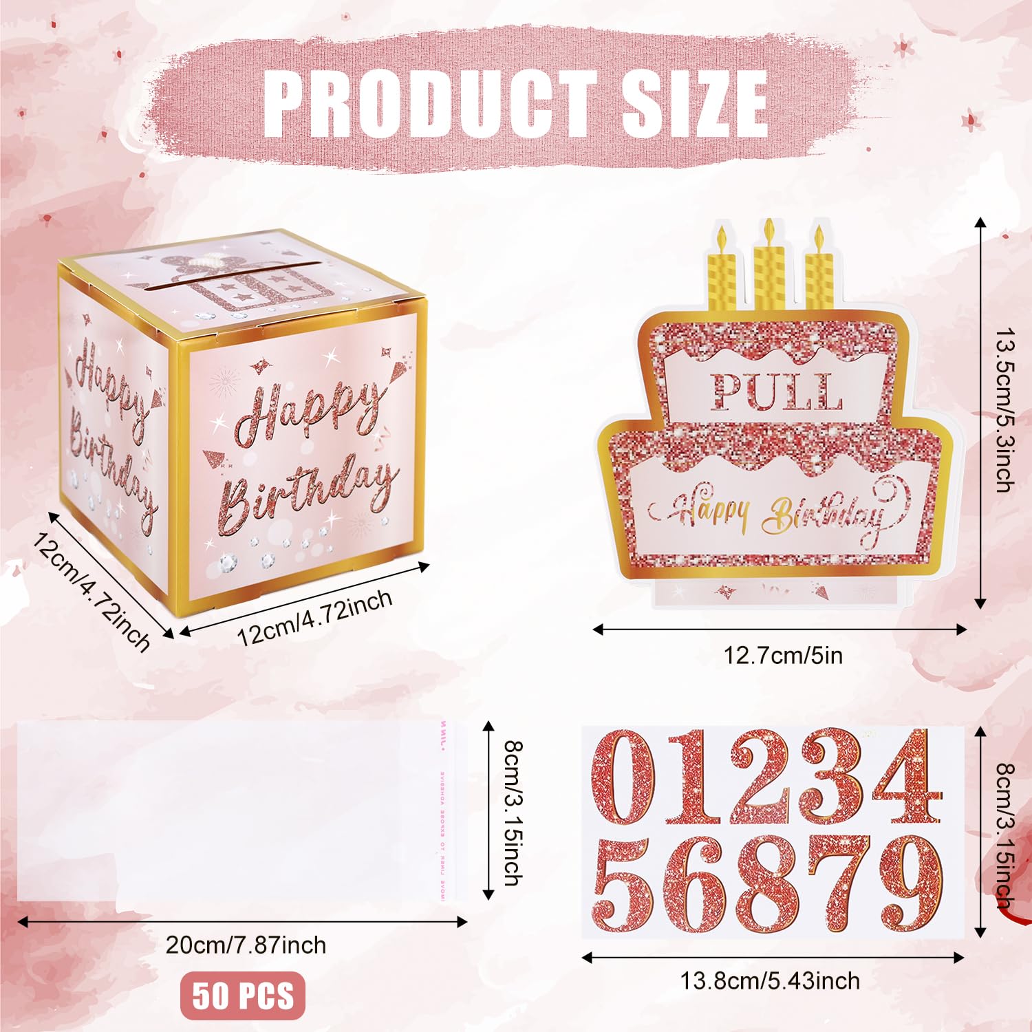 PEUTIER Happy Birthday Money Gift Box, with 0-9 Number Birthday Cake Signs Opp Bags Birthday Cash Surprise Box Fun Cash Gift Pull Box for Women Man Any Age Party Decorations