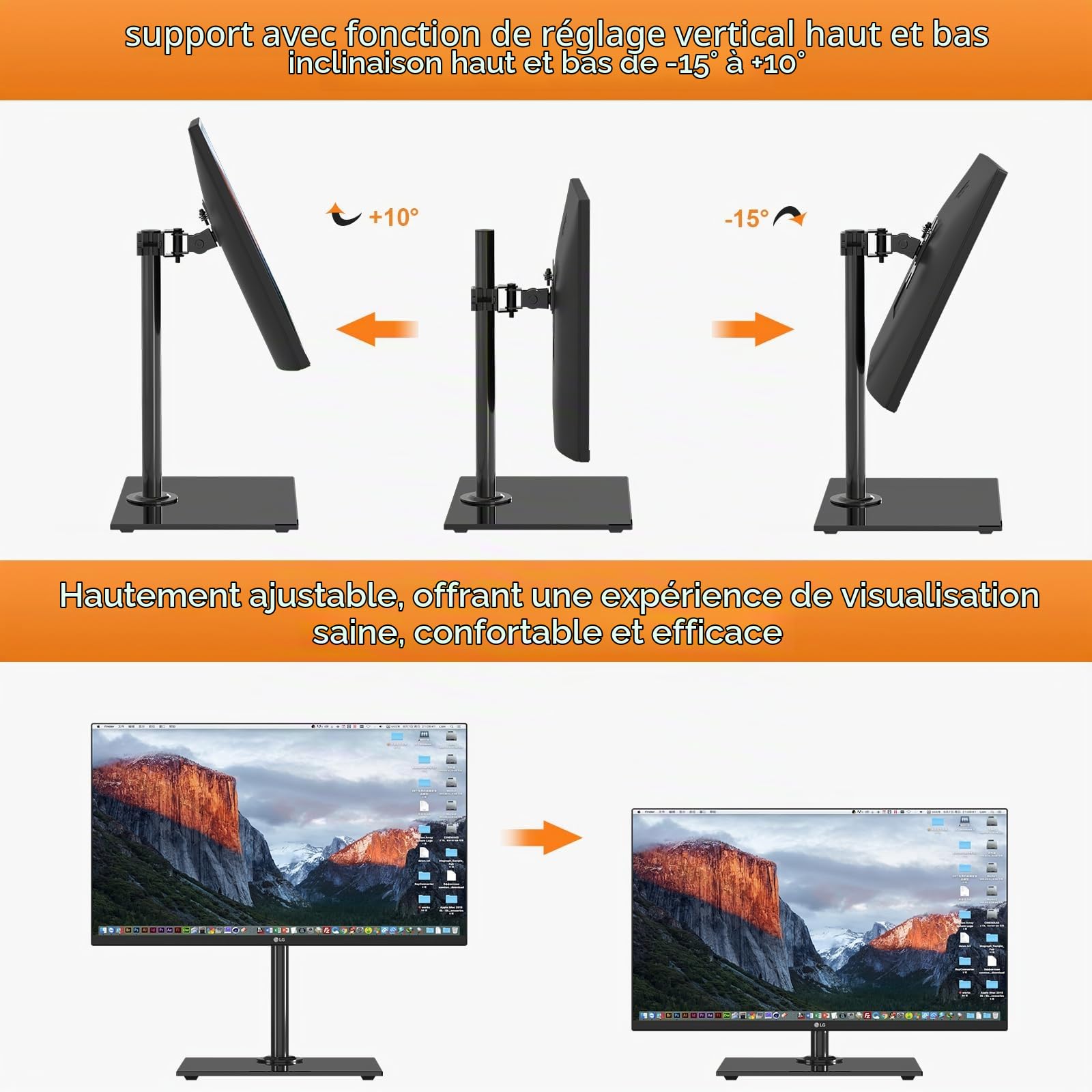 Pholiten Support Ecran PC pour écran 13-32 Pouces jusqu'à 10 kg, Support Ecran avec Construction Solide, Pied Ecran PC, Inclinaison réglable ±25°, Pivotement ±80°, Rotation 360°, VESA 75/100 mm