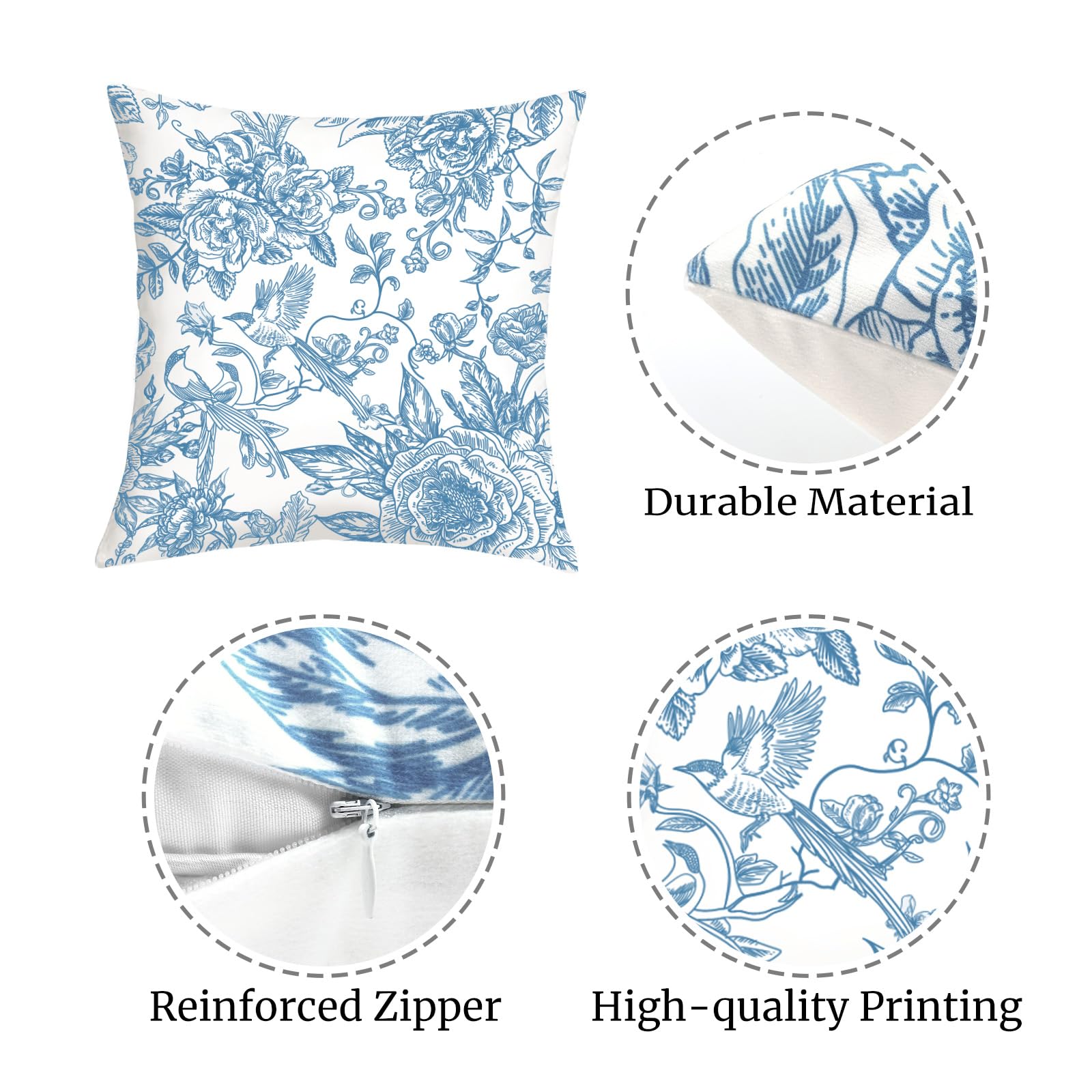 Set Di 4 Federe Per Cuscini 45x45 Cm, Motivo Floreale 'Home Sweet Home' Con Scritta, Blu, In Tessuto Iuta, Con Cerniera Nascosta