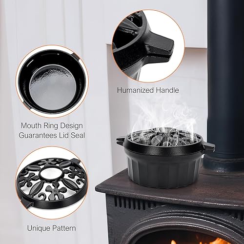 Miniatura 6 de G GOOD GAIN Vaporizador de estufa de leña, cuenco redondo de hierro fundido, olla humidificadora con parte superior de apertura grande para
