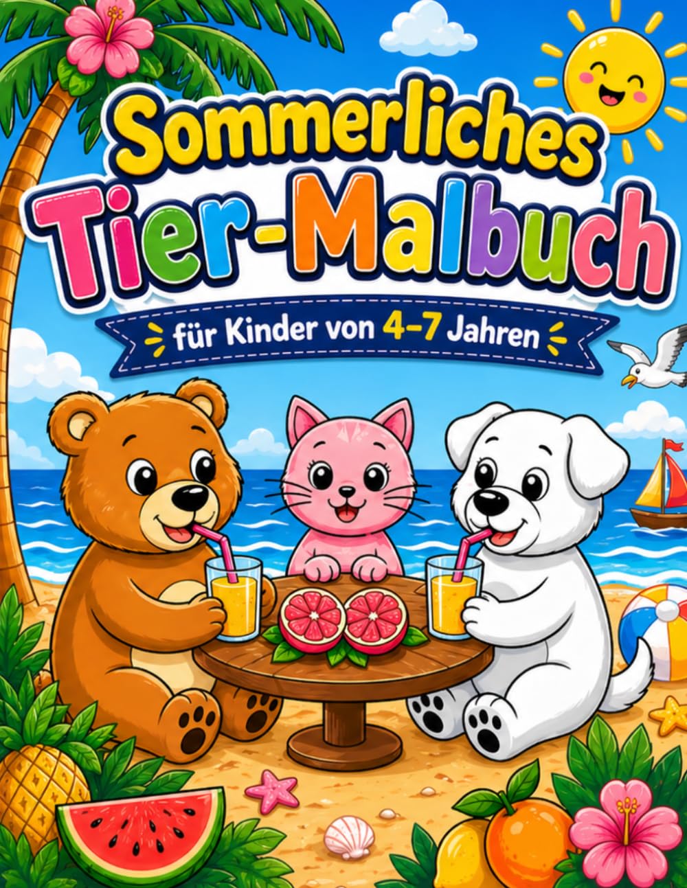 Sommerliches Tier-Malbuch für Kinder im Alter von 4–7 Jahren: Fröhliche sommerliche Tierbilder zum Ausmalen für Kinder