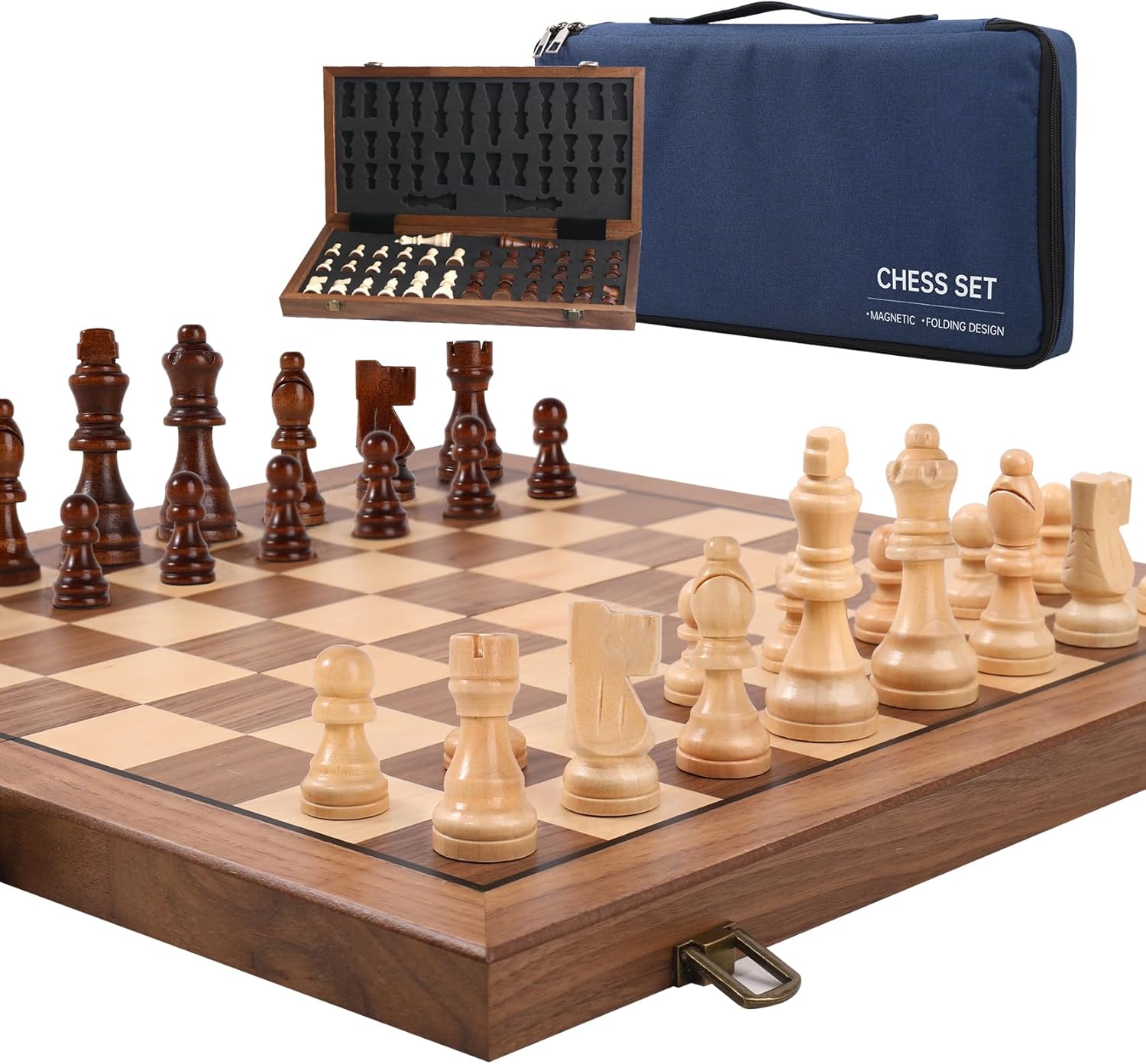 Ajedrez Magnetic Wooden Chess Set, 15" Walnut Folding Chess Board with Handcrafted Pieces 2 Extra Queens, Portable Travel Chess Board Game for Adults Kids, Gift Box & Storage Bag