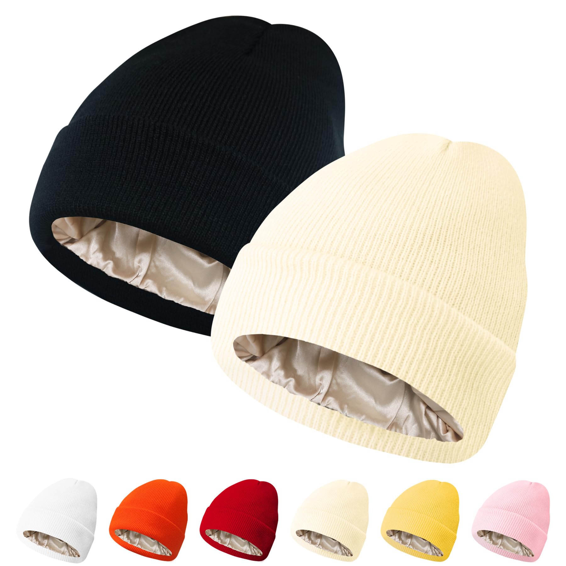 PFFY 2 Packs Womens Satin Lined Beanie Hat Silk Lining Winter Hats Beanies for Women Soft Slouchy Beanie