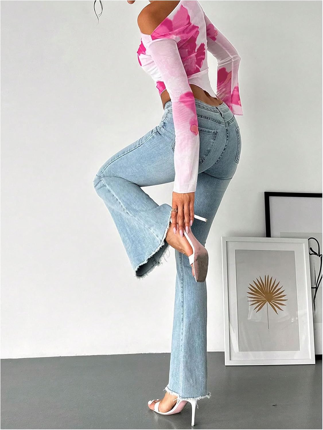 SHENHE Women's Floral Mesh Tops Flare Sleeve Open Off Shoulder Ruched Slim Fit Crop T-Shirts - Image 3