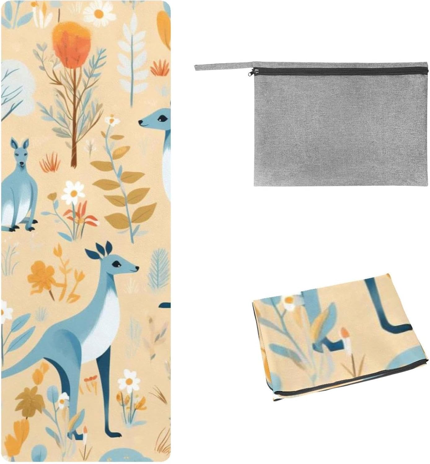 Yoga Towel, Kangaroo Pattern Non Slip Sweat Absorbent Hot Yoga Mat Towel for Hot Yoga, Pilates and Fitness - 72.8" x 26.8"