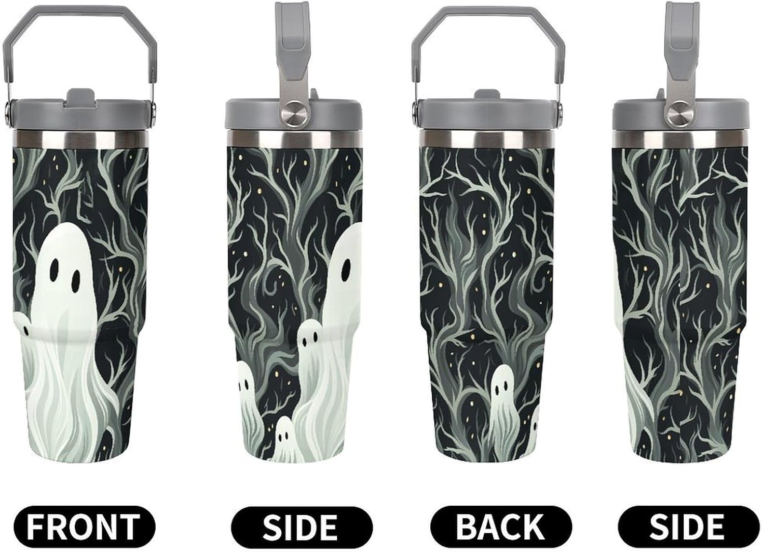 30oz Insulated Tumblers with Top Handle, Stainless Steel White Patterned Ghost Car Cup with Straw for Gift, Leak-Proof Double Wall Vacuum Travel Mug, Personalized Water Bottles White