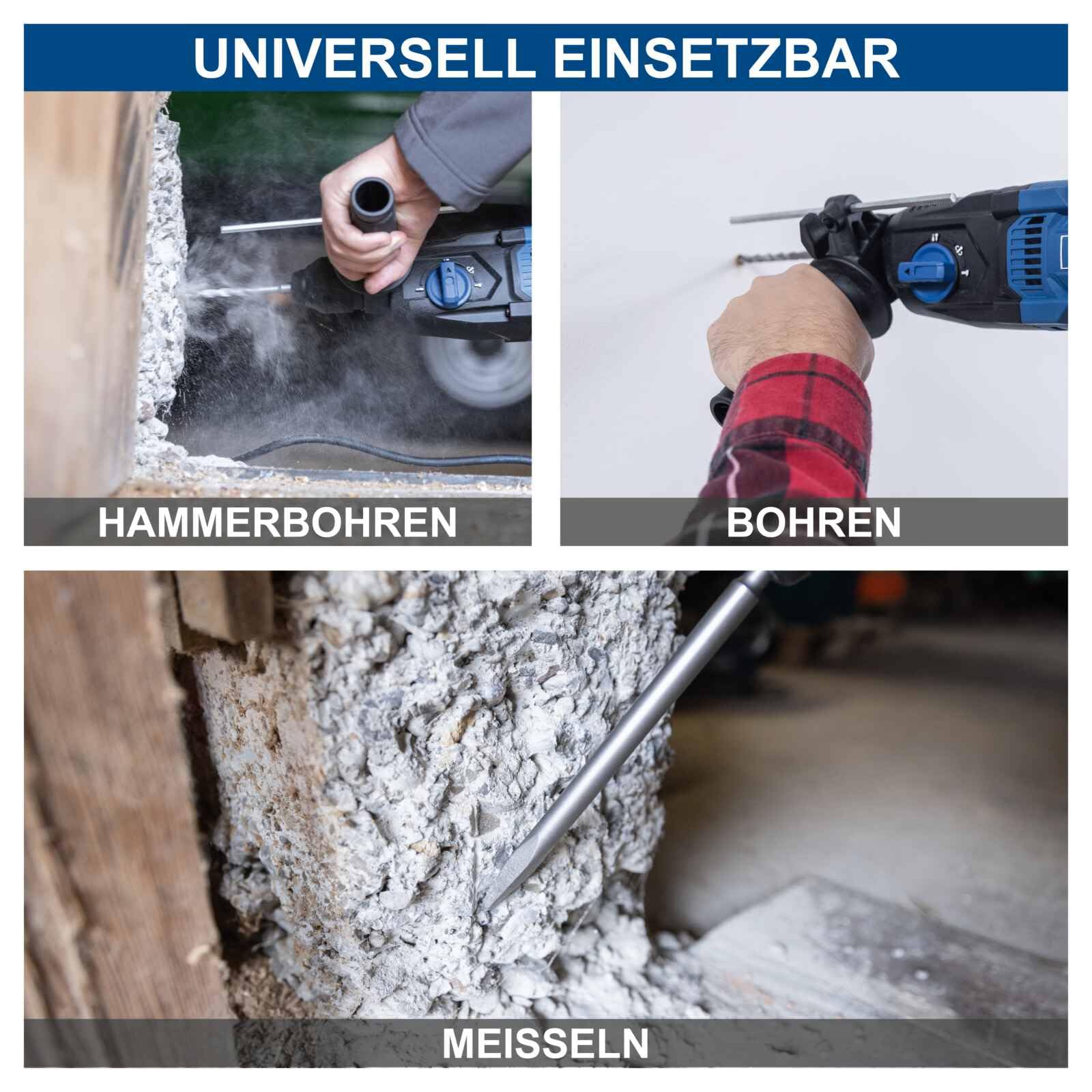 Scheppach Martillo perforador DH2260 SDS-Plus | 26 mm de potencia de perforación para hormigón | 1050 W | 3 julios de fuerza de impacto | función 4 en 1 | 5500 bpm | velocidad variable | agarre suave