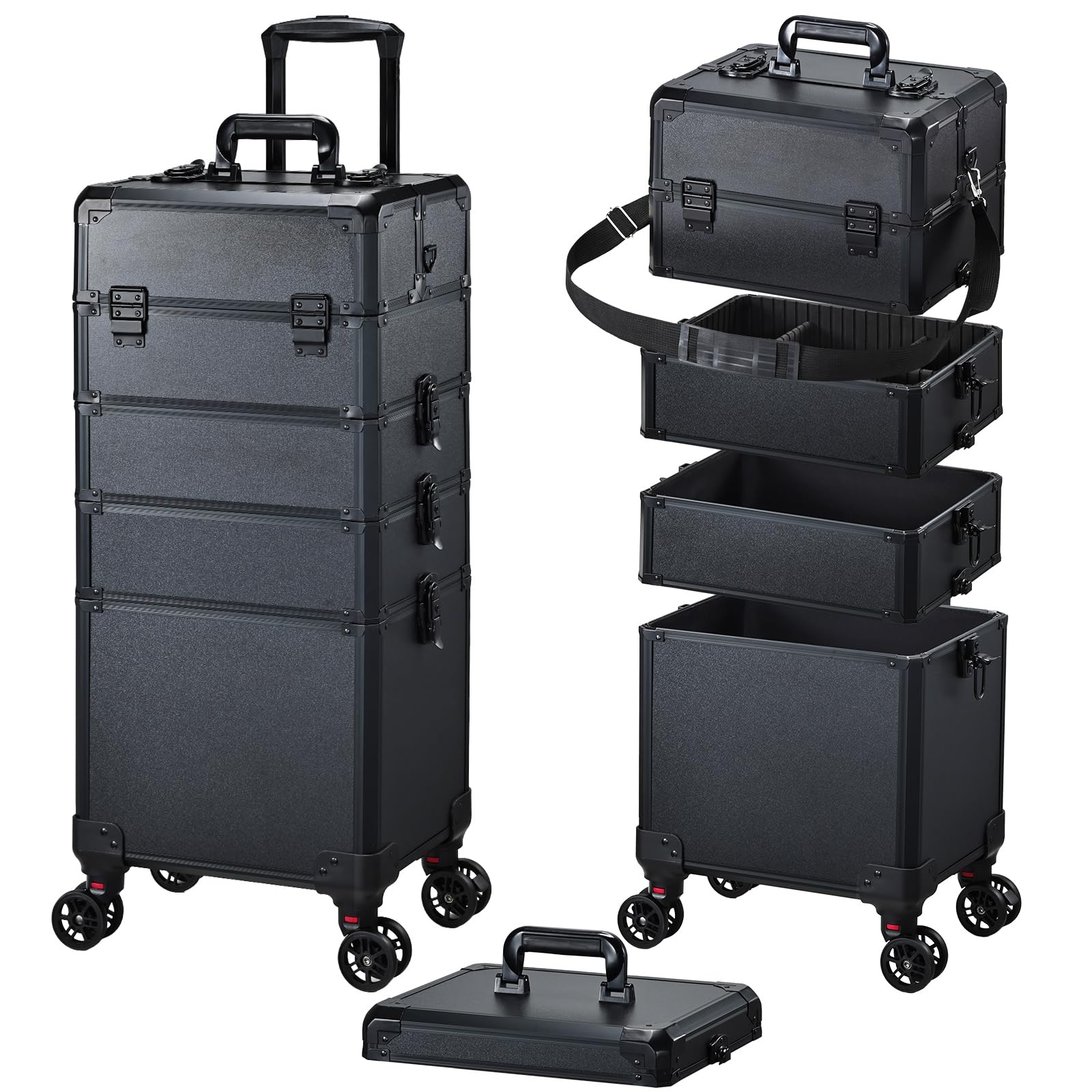 Kosmetikkoffer Alu Beauty Case 5 in 1 Kosmetik Trolley Rollkoffer Make Up Koffer Groß Schminkkoffer Nagelkoffer Abschließbare Friseur Box Drehbare Rollen für Reisen Schwarz